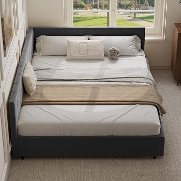Queen Size Wood Daybed, Modern Elegant Velvet Upholstered Padded Grid Pattern Bed Frame, No Box Spring Needed, Easy Assembly, Slate Grey