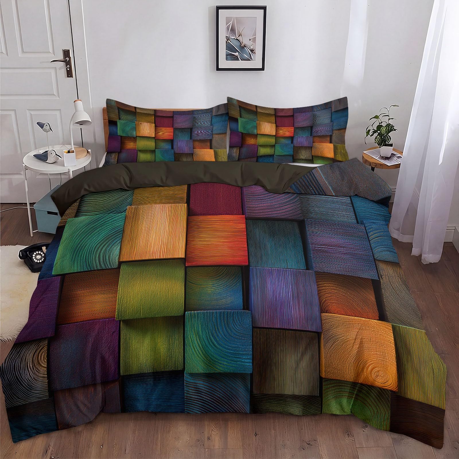 Générique Kolorowe drewniane klocki poszwa na kołdrę 220x200cm, zestawy pościeli z miękkiej mikrofibry abstrakcyjna geometria zestaw pościeli, zielony zestaw pościeli z 2 poszewkami na poduszki 65x65