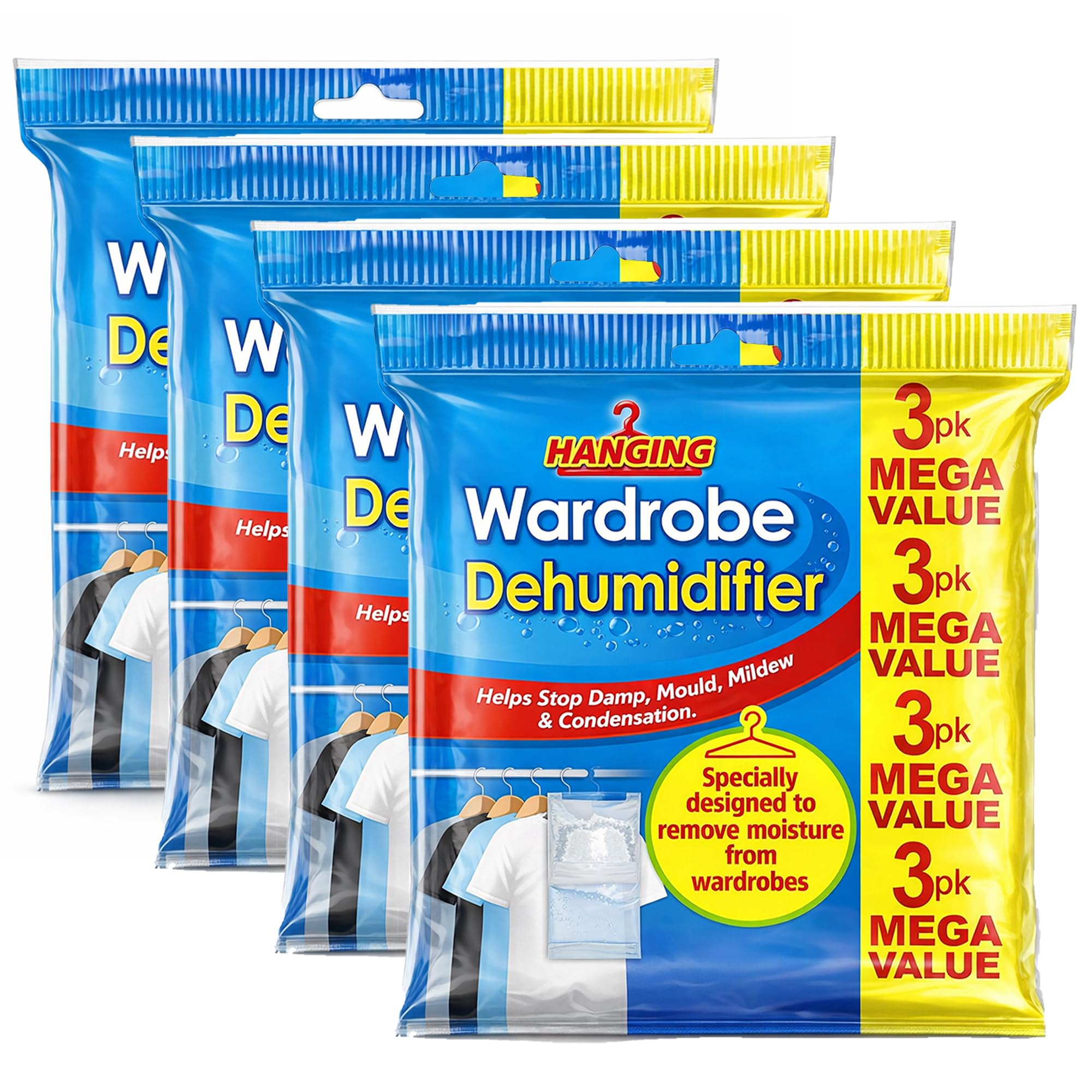 Hanging Dehumidifier Bags 12 Pack 180g Each Wardrobe Dehumidifier Moisture Absorber for Home Kitchen Garage Bedroom Caravan Basement Reduces Damp Condensation, Mould