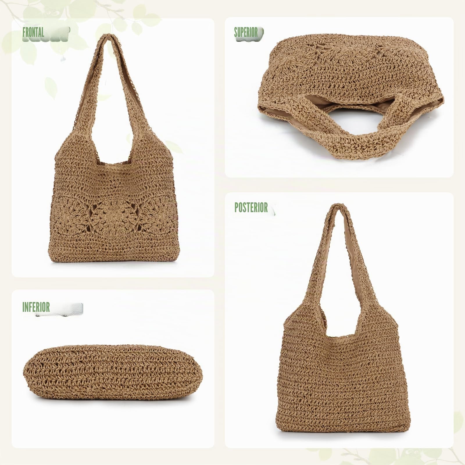 Bolso Tote de Paja para Mujer Grande Verano Playa Tejido Bolso Bandolera para Viajes Vacaciones