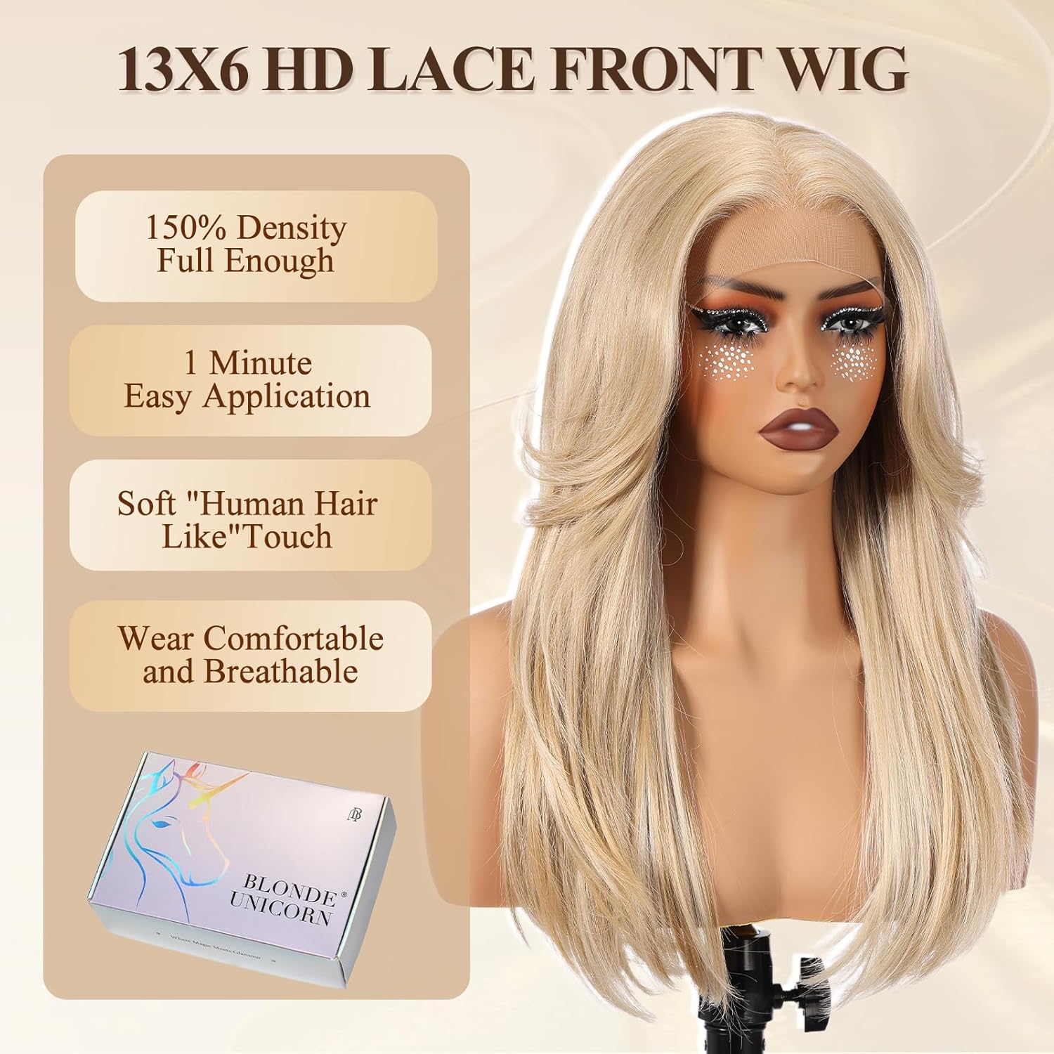 BLONDE UNICORN Blonde Wig 13x6 HD Lace Front Wig Long Straight Layered Synthetic Lace Front Wig Pre Plucked Glueless Wig for Women Daily Party Use 22IN