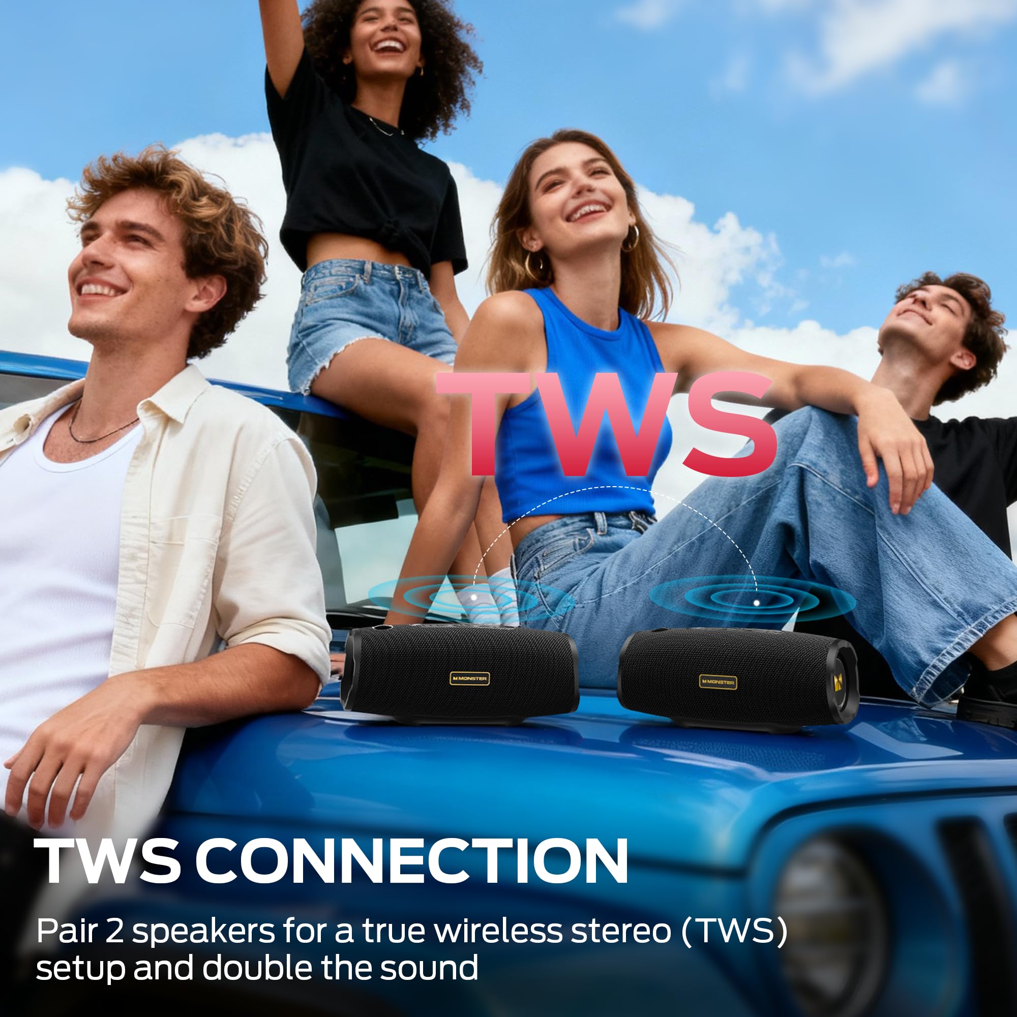 Monster S380 Bluetooth Speaker, Portable Speaker with 40W Stereo Sound, Bluetooth 6.0, 20H Playtime, TWS Pairing, Support AUX/TF Card, IPX6 Waterproof Wireless Speaker for Home, Travel, Outdoor - 4