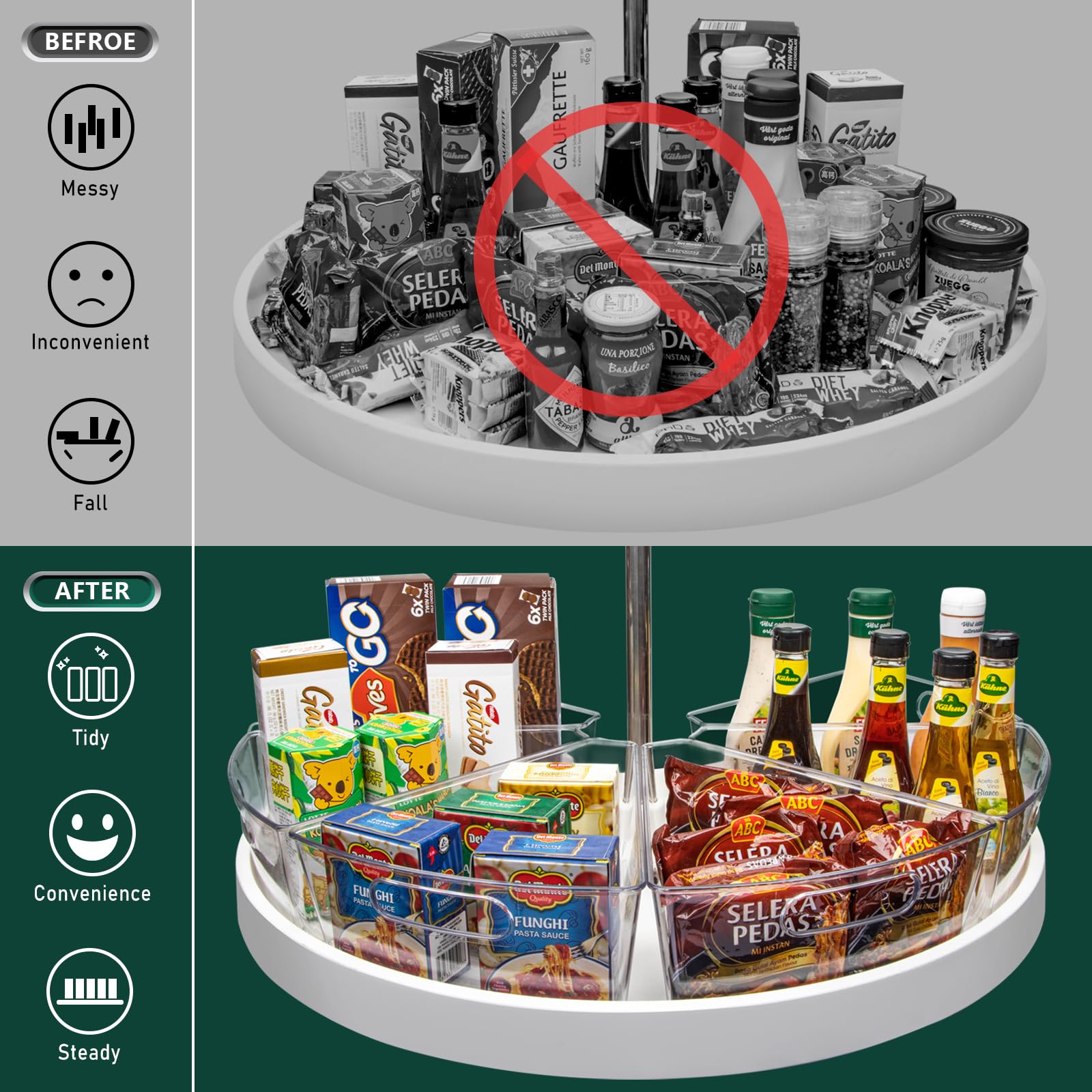 JEISSLIA Lazy Susan - Contenedores organizadores de gabinete, 10.2 x 9.4 x 4 Pulgadas, Almacenamiento de gabinete de Cocina de plástico Transparente, cuña de 1/8, Apto para Alimentos, sin BPA, con