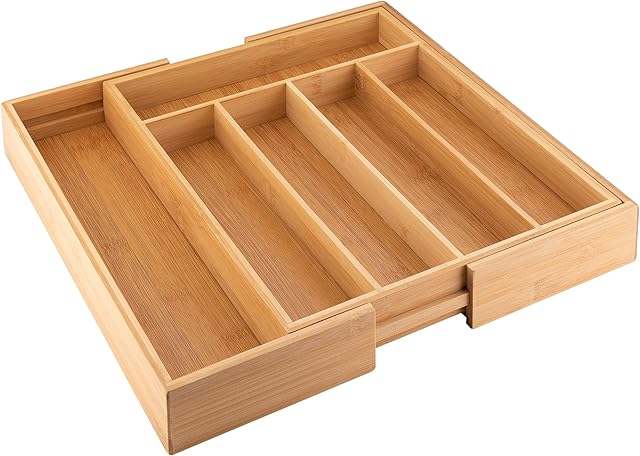 axentia Wood Cutlery Tray - Expandable Bamboo Cutlery Tray Utensil Organiser Flatware Drawer Insert & Divider - 5 to 7 Compartments - Extendable 31 to 48.5cm