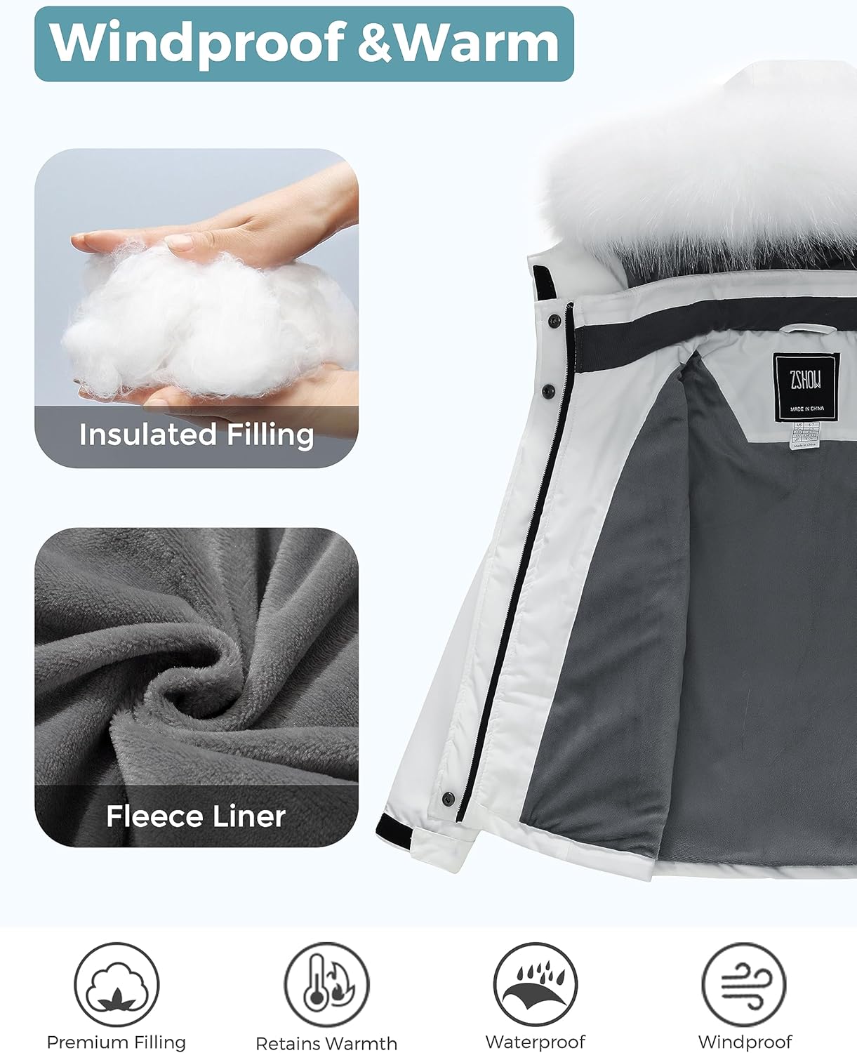 ZSHOW Girls' Ski Jacket Waterproof Warm Winter Coat Fleece Hooded Raincoat with Detachable Hood - Image 3