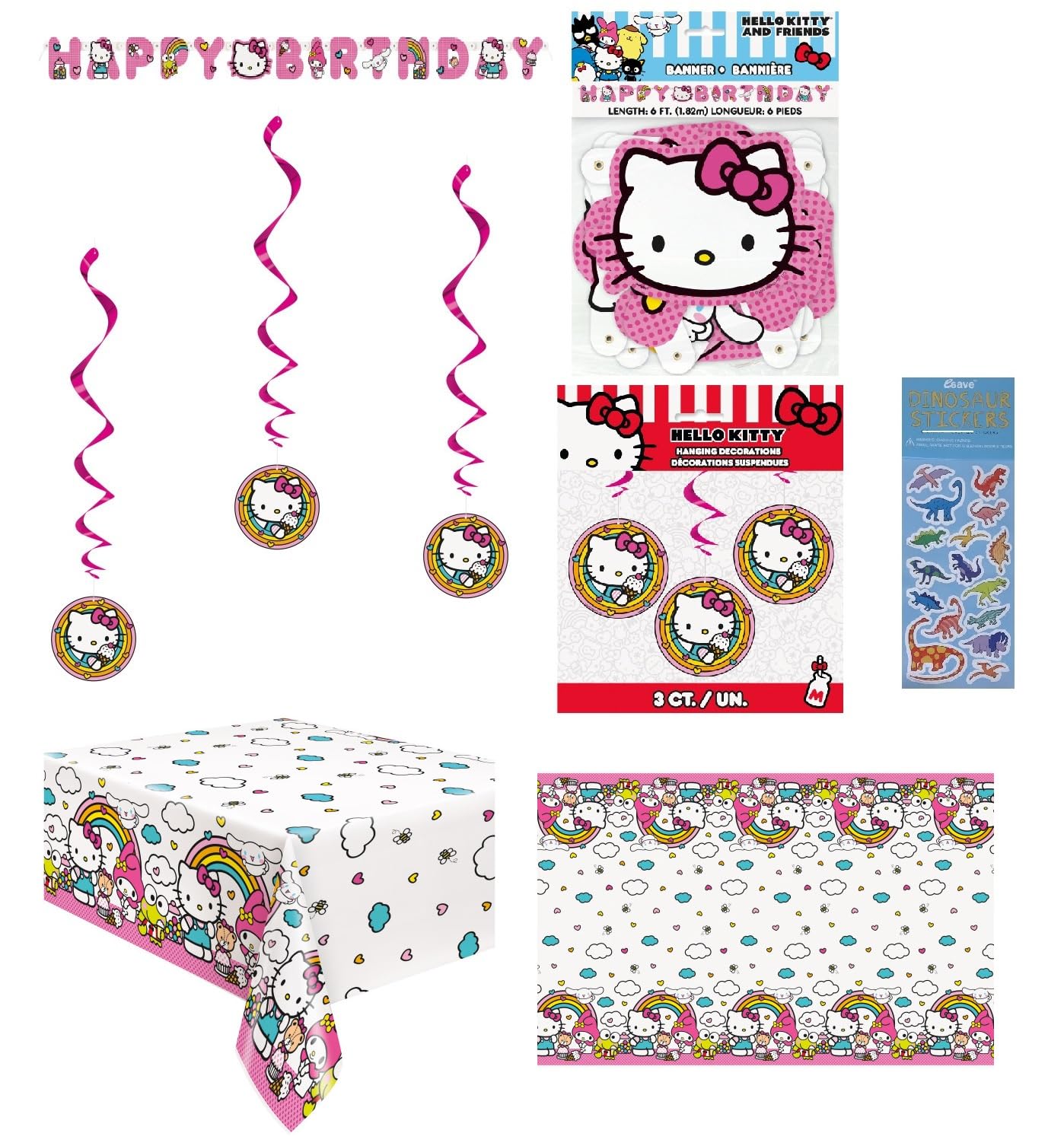 Unique Hello Kitty Birthday Party Supplies Bundle - Includes 1 Happy Birthday Banner, 3 Hanging Swirl Decorations, 1 Plastic Table Cover, 1 Dinosaur