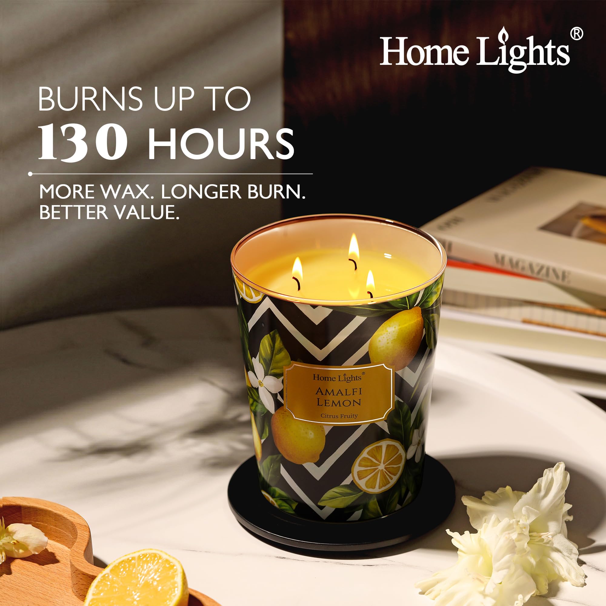 Home Lights Candele di cera di soia per la casa profumate in vetro, candele a 3 volte, candele per aromaterapia, regalo per feste, 960g (Amalfi Limone)