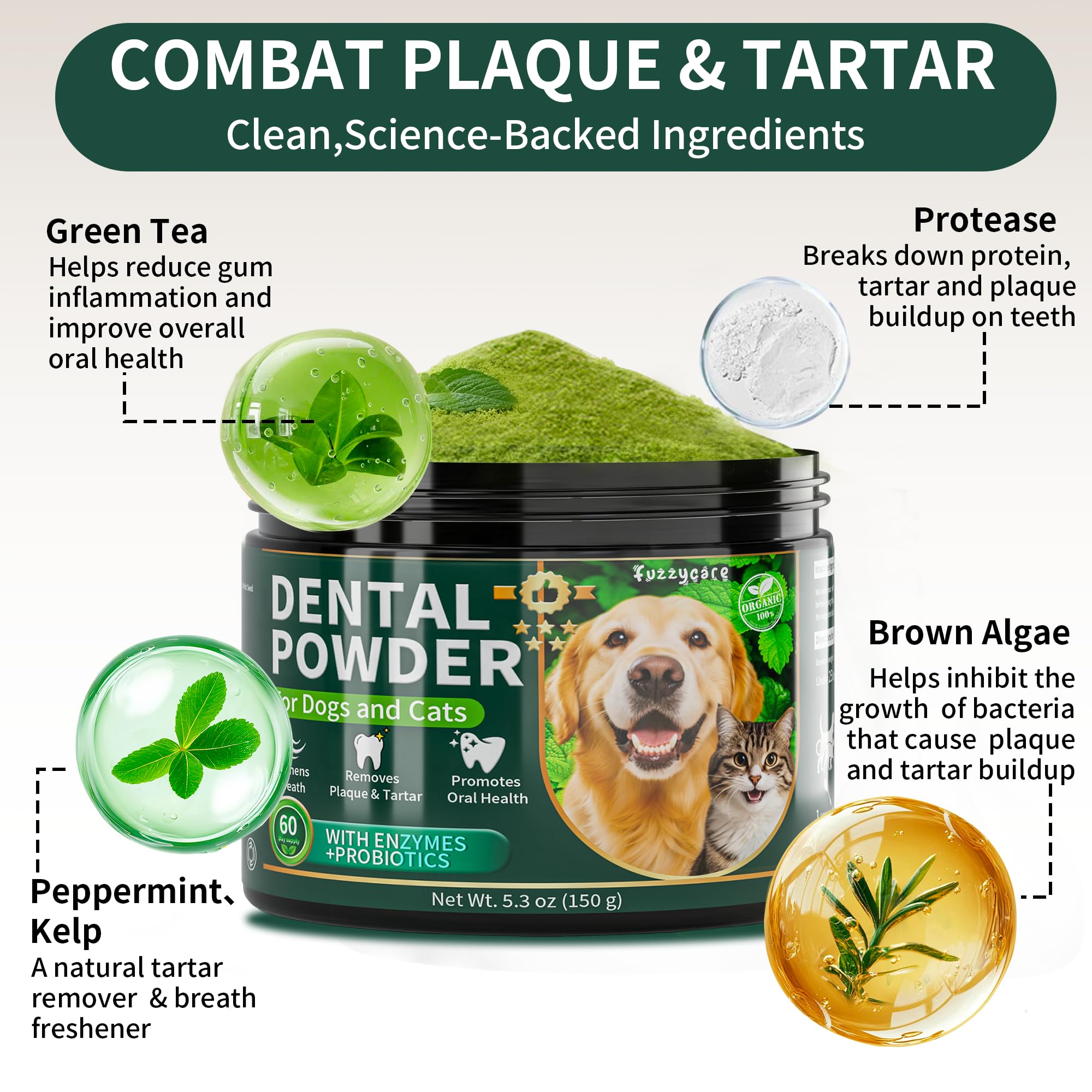 Dog Dental Powder, Dog Teeth Cleaning Powder with Natural Herbal Blend, Plaque Off Pet Tooth Cleaning lab co, Targets Tartar & Reduces Plaque & Bad Breath for Dogs & Cats, Mint -150Grams - image 3