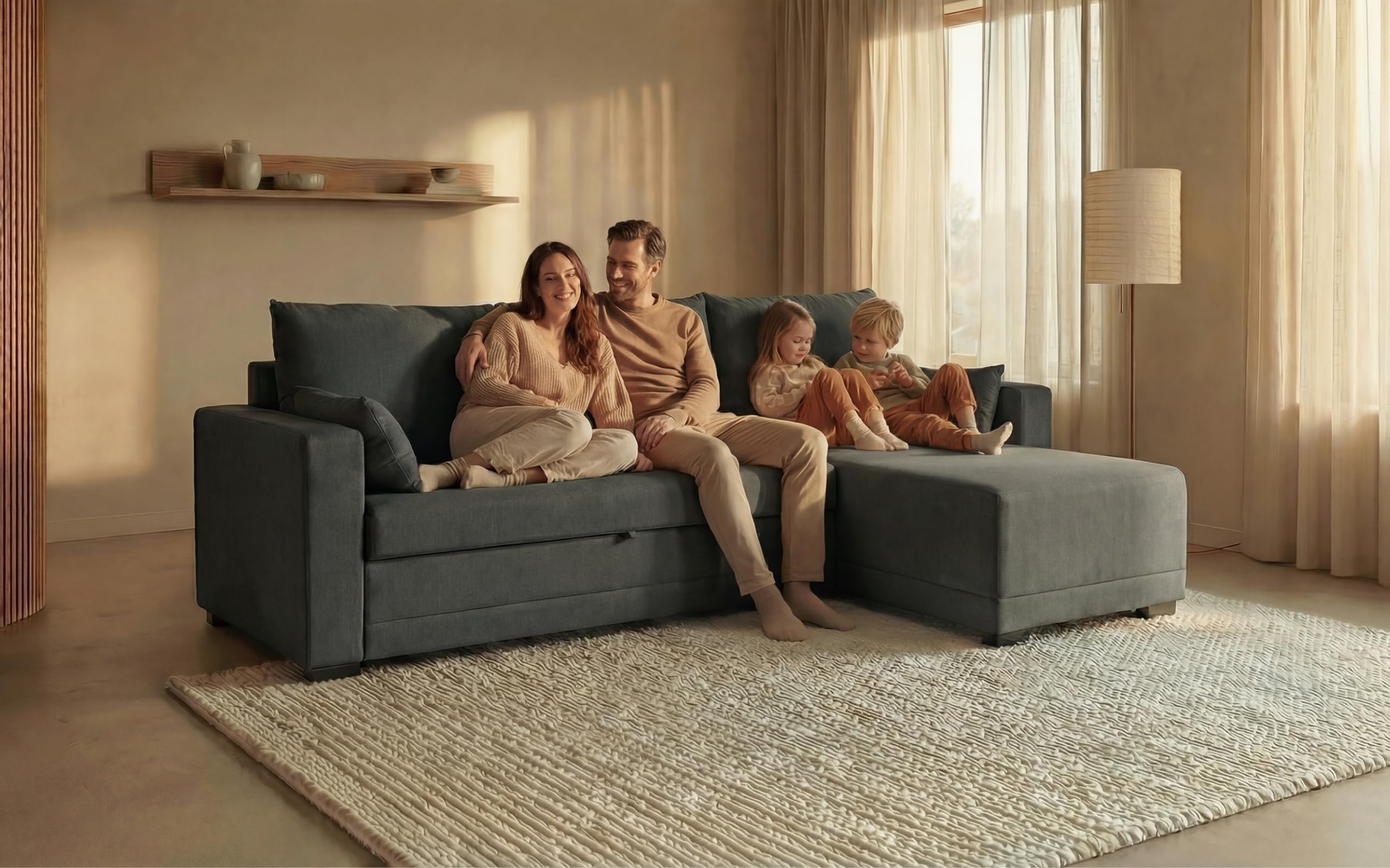 BUDWING Leah Sofá Cama Esquinero 3 Plazas - Chaise Longue Reversible y 2 Cojines Decorativos – Tapizado en Poliéster – Estilo Moderno – 233x124x69 cm – Gris Oscuro