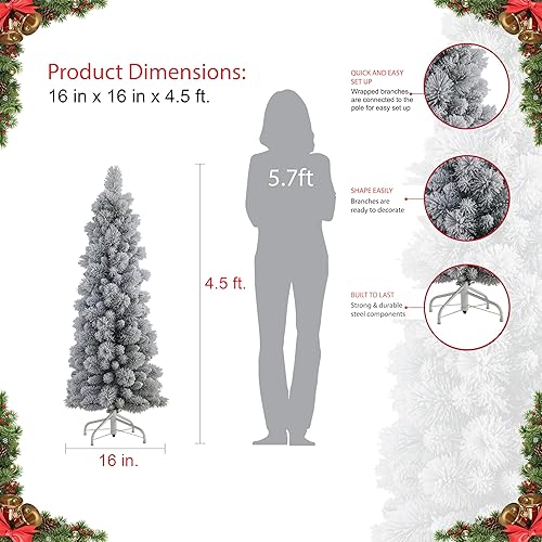 Miniatura 6 de Puleo International Árbol de Navidad artificial de lápiz flocado de 4.5 pies con soporte, verde, (TFP8305-45)