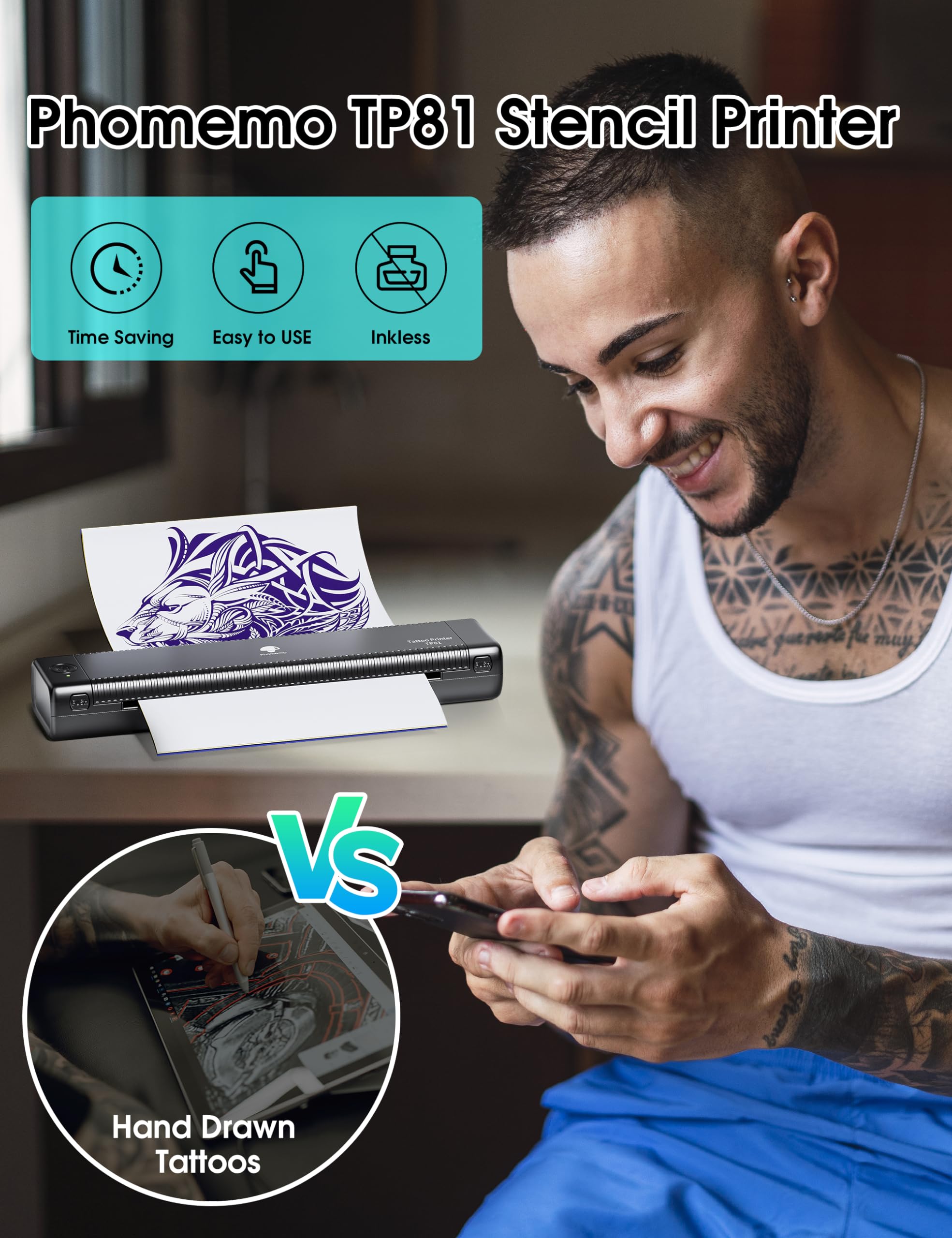 Phomemo TP81 Upgraded Tattoo Stencil Printer, Bluetooth Tattoo Machine with 10pcs Transfer Paper - Image 4