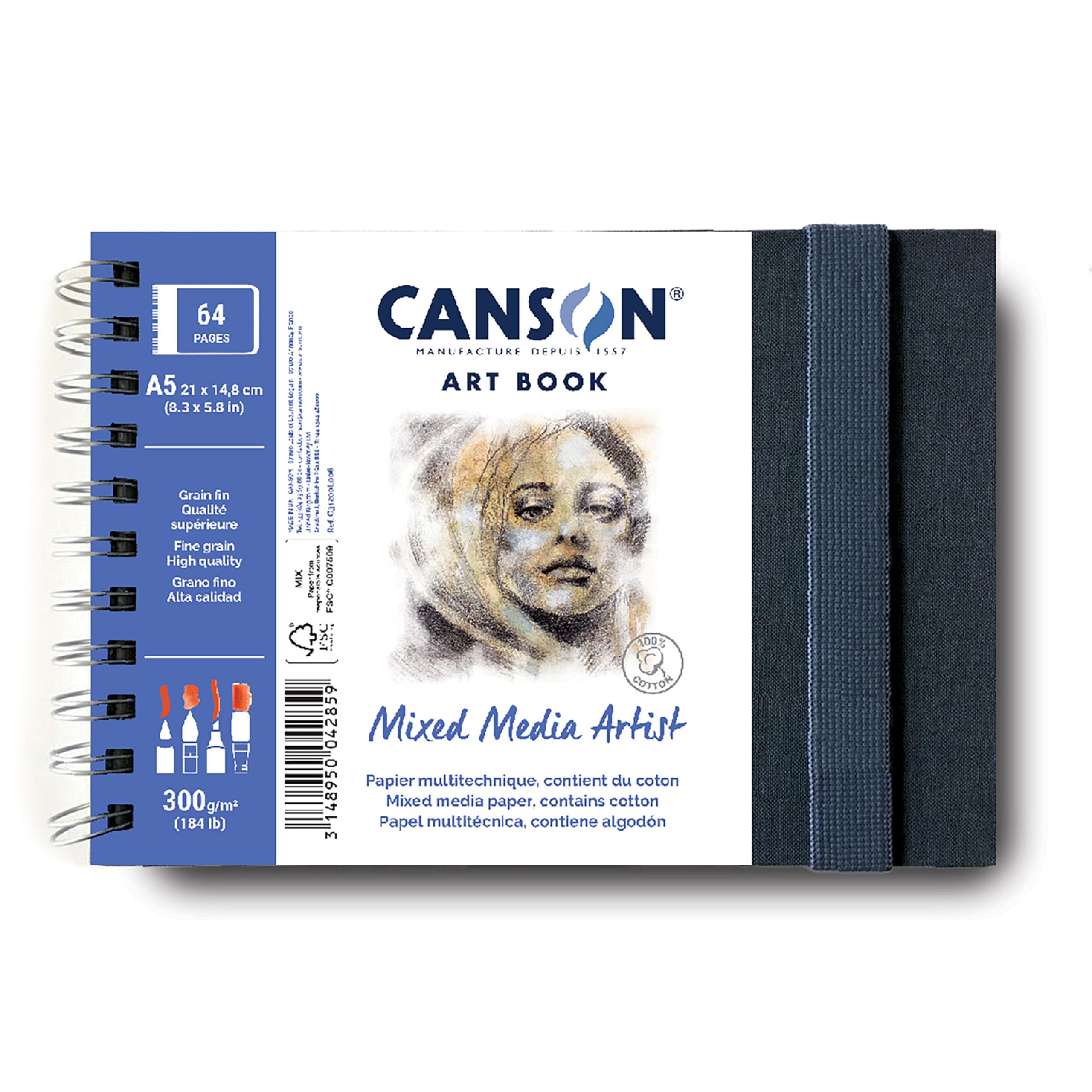 Canson Cuaderno Profesional, Papel Mixed Media, Grano Fino, 300 g, Cuaderno Espiral, A5, Blanco, 28 hojas, C31200L006