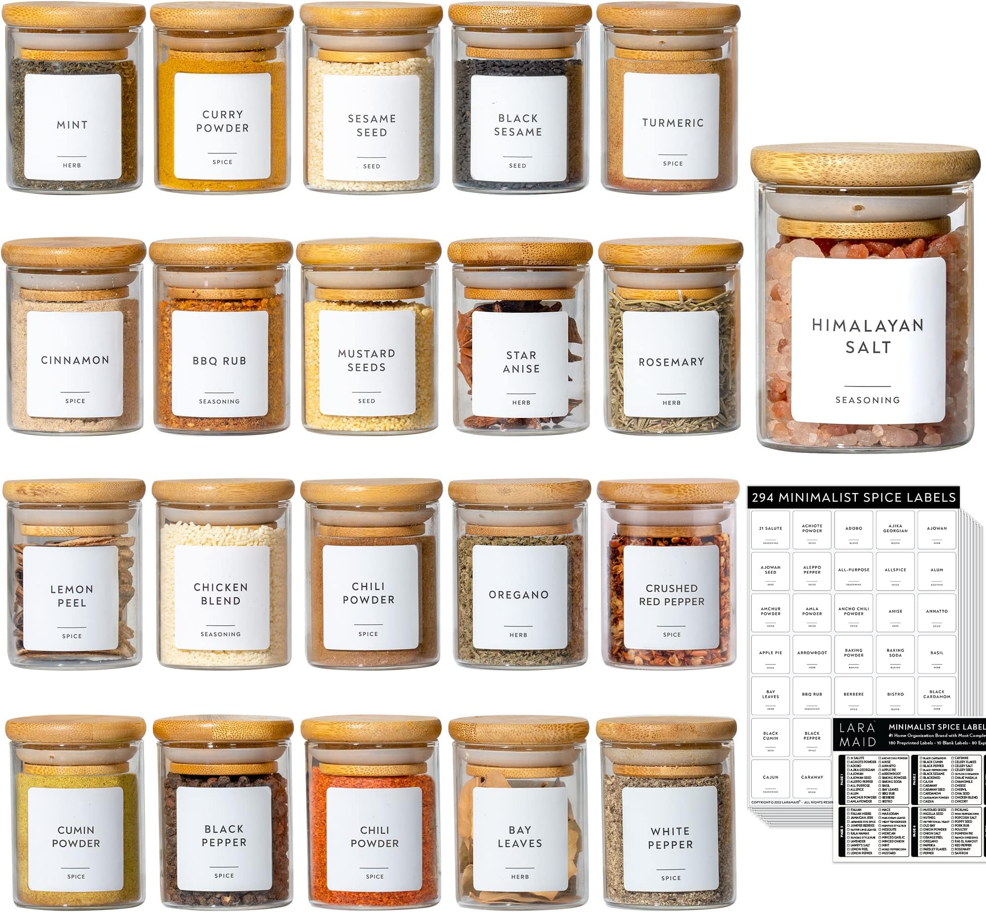 Laramaid 2.5oz 20Packs Glass Jars Set, Cylinder Spice Jars with Bamboo Lids and Customized Labels, Food Storage Container Canisters for Home Kitchen, Spice, Herbs, Seasoning, Seed, Tea, Sugar, Salt