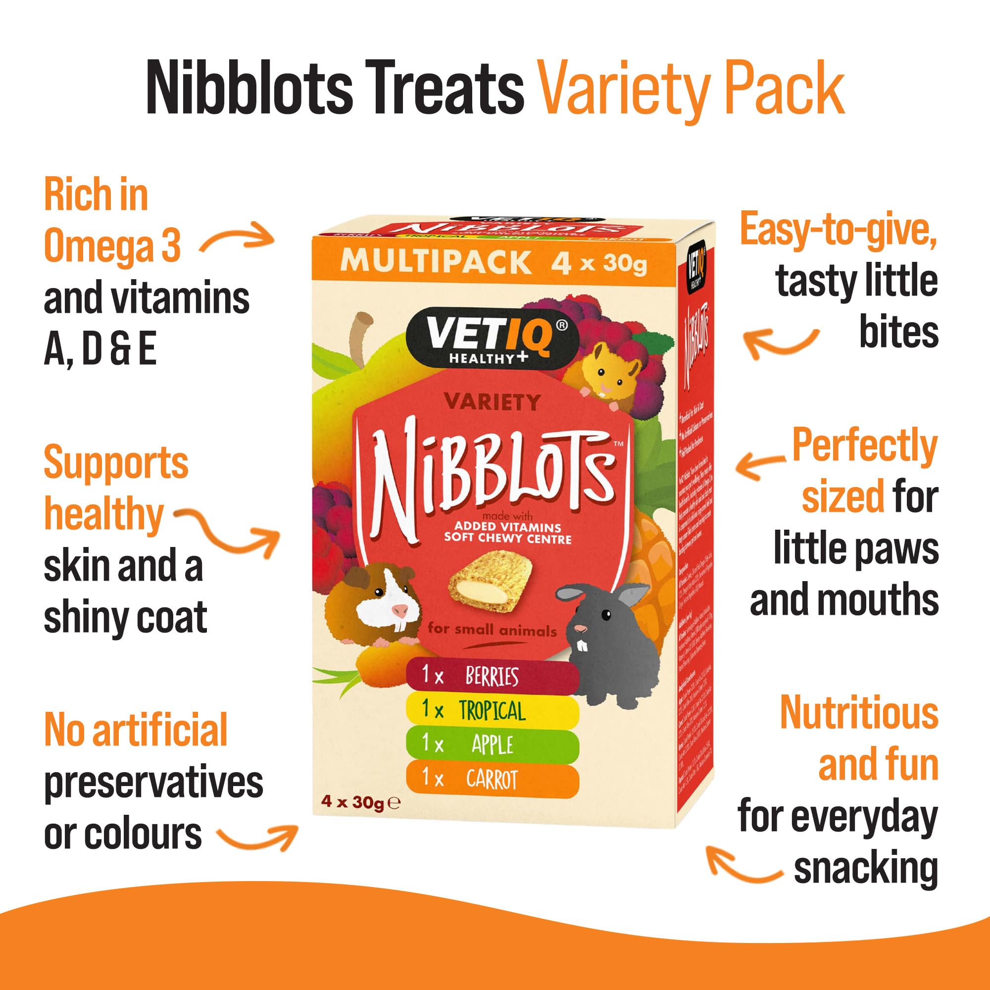 VETIQ Nibblots Treats Variety Pack with Added Vitamins in a Soft Chewy Centre for Small Animals, Suitable For Rabbits, Guinea Pigs & Hamsters, 30 g (Pack of 4) - 4