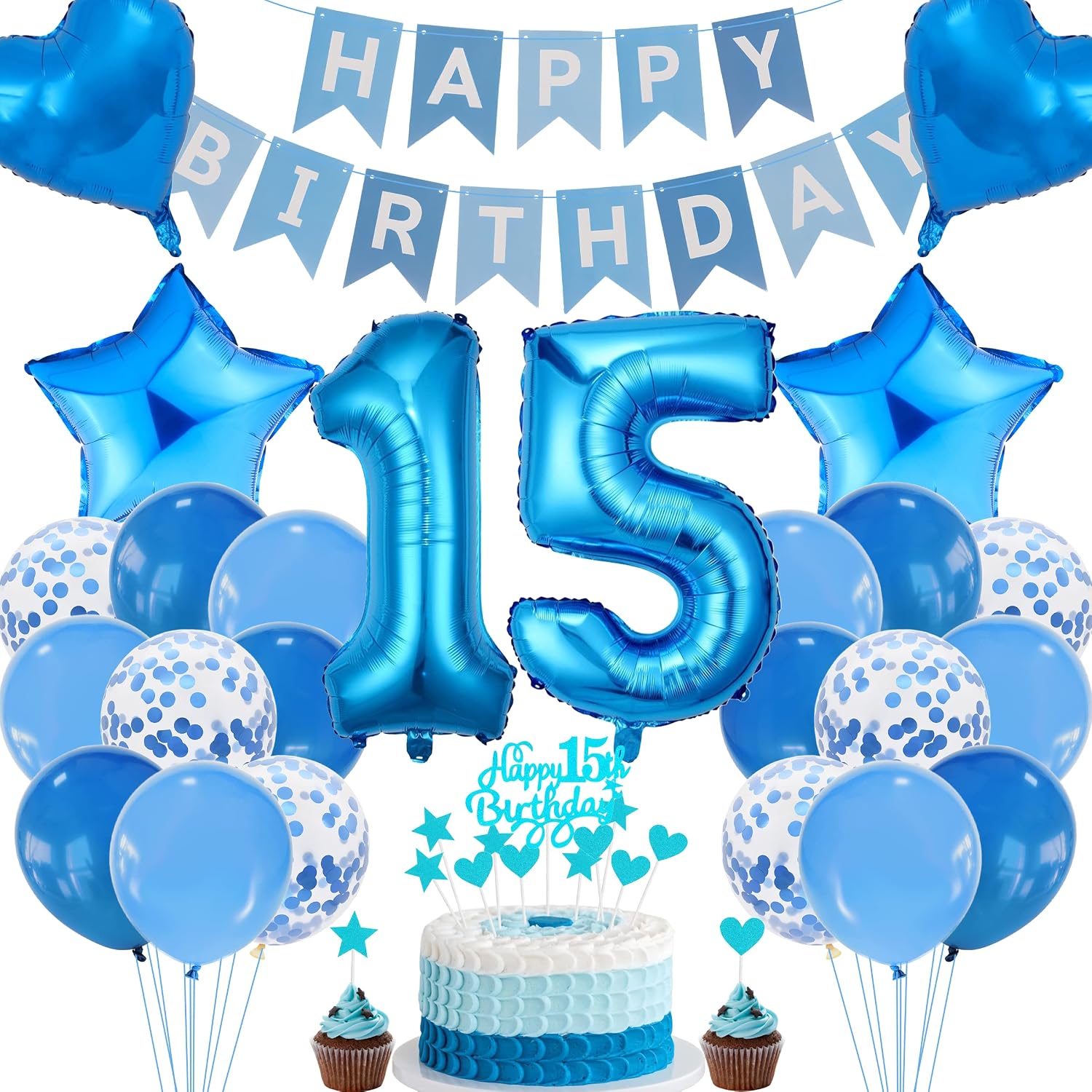 15th Birthday Decoration Blue Cake Decoration for 15 Years Party Decoration Blue Cake Decoration for Boys and Girls