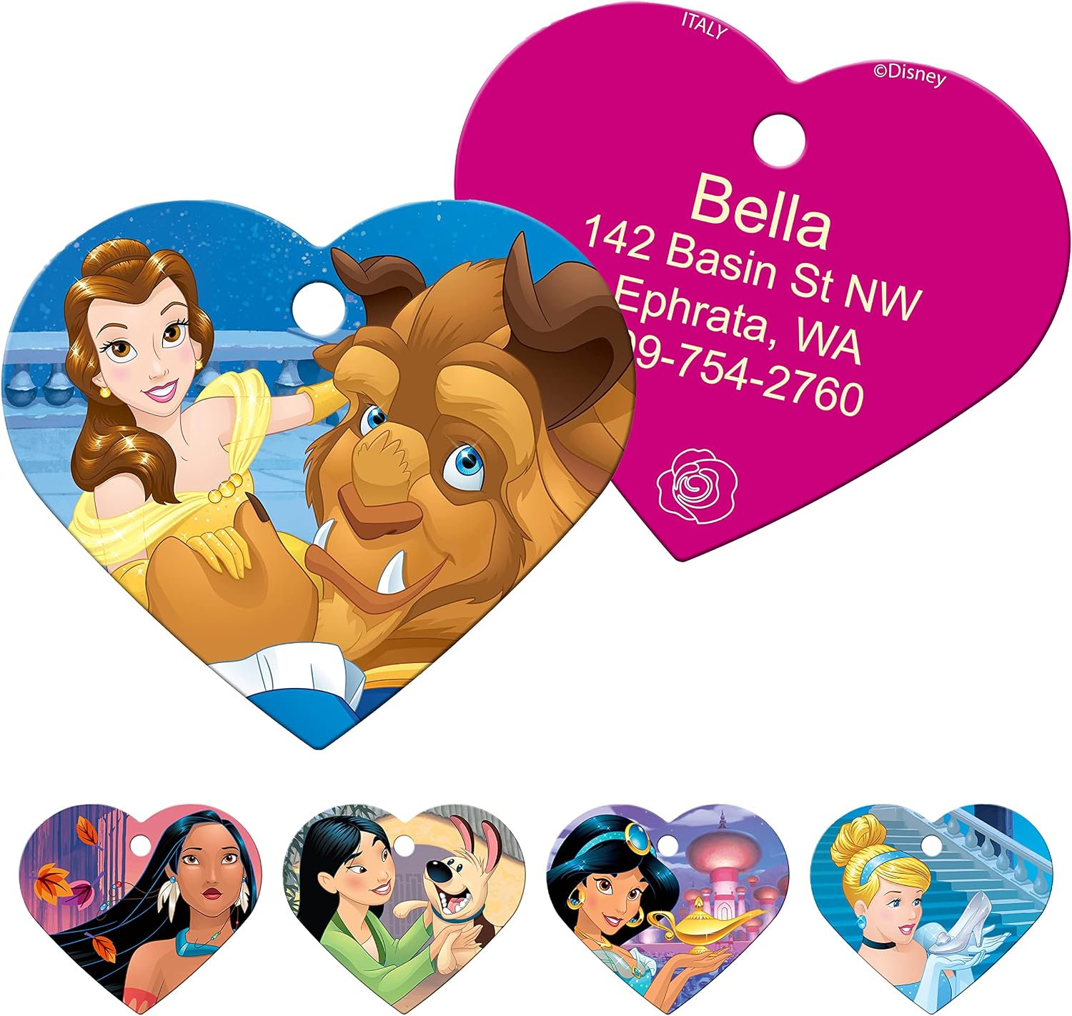 GoTags Disney Beauty and The Beast Princess Belle Dog Tags for Pets, Personalized Engraved Dog ID Tags with up to 4 Lines of Custom Text