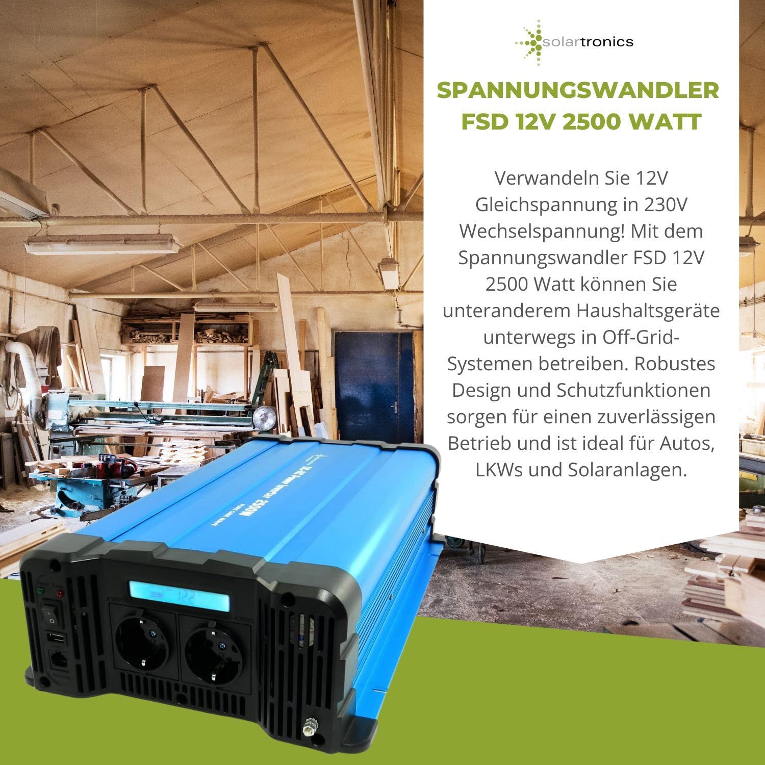 SOLARTRONICS FS2500 12V przetwornica napięcia 12 V 230 V czysty Sinus 2500 W - 5000 W Moc szczytowa - Przetwornik prądu 12V na 230 V z gniazdem Schuko i pilotem zdalnego sterowania USB