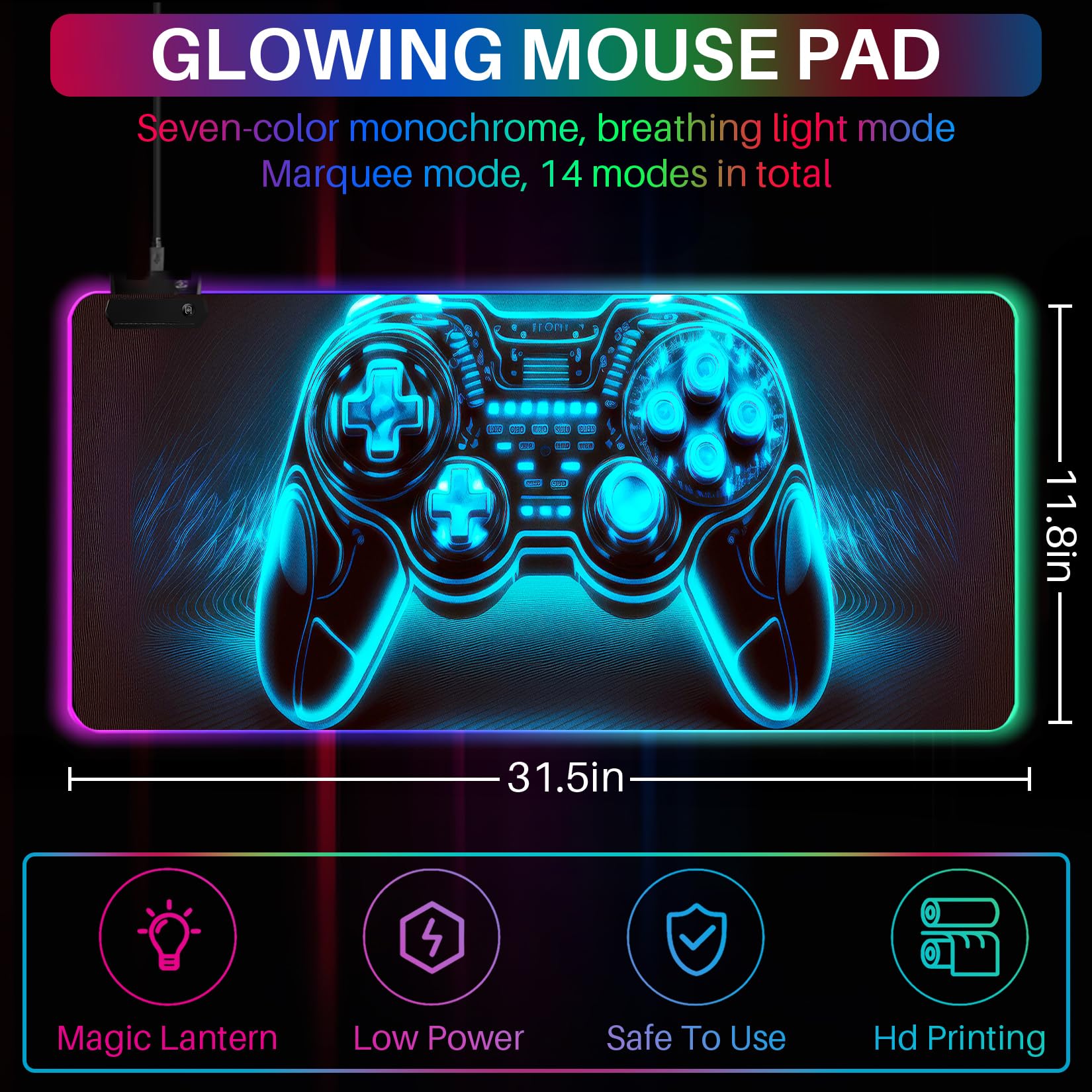Alfombrilla de mouse LED XL para juegos con 14 modos de luz, alfombrilla de mouse para gamer iluminada, 31.5 x 11.8 pulgadas, antideslizante, estilo RGB grande, accesorios de juego negros