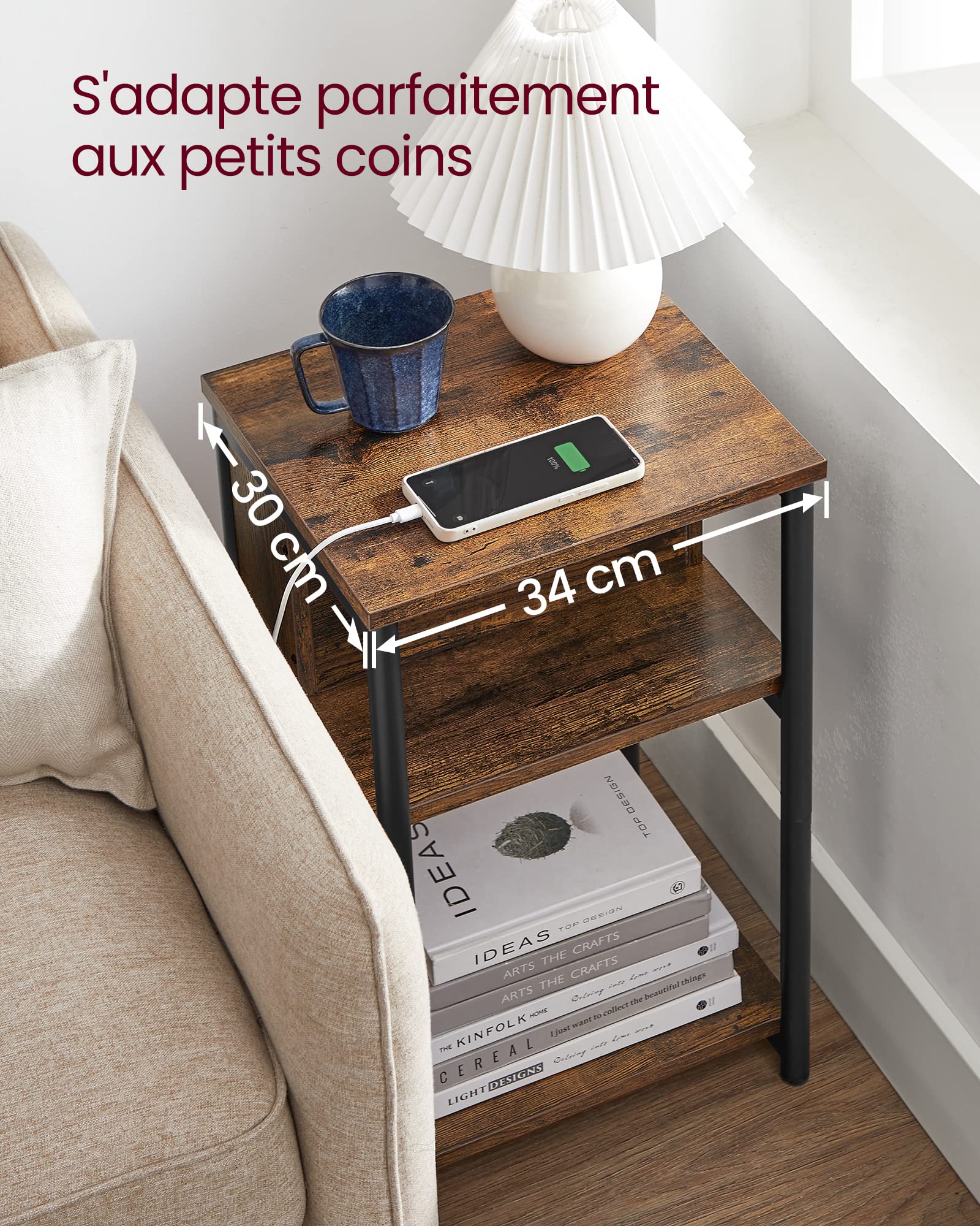 VASAGLE Table d'Appoint, Petite Table de Chevet avec Multiprise, Fin, 2 Prises CA, 2 Ports USB, 30 x 34 x 58 cm, pour Salon, Chambre, Marron Rustique et Noir LET375B01