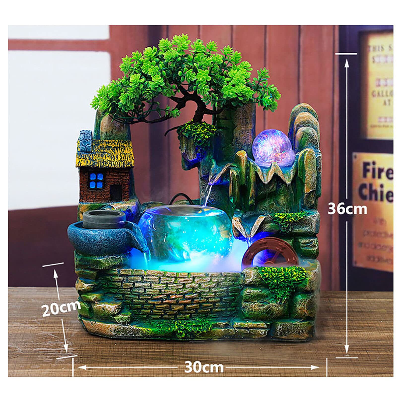 Fuente interior con iluminación LED - Fuente de mesa con niebla - Fuente cascada - Adorno con iluminación - Lámpara de mesa - Decoración de mesa