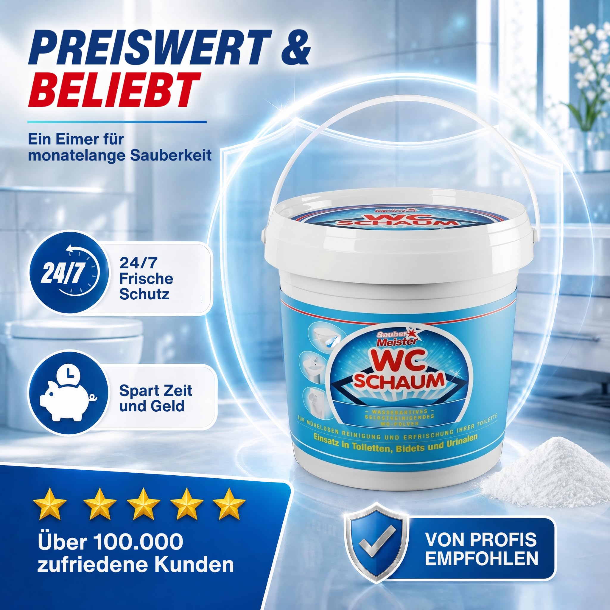 WC SCHAUMREINIGER PULVER – Extra starker WC Schaum für gründliche Sauberkeit – Kraftvoller WC-Reiniger gegen Kalk & Urinstein – Selbstreinigende Pulverform – 1000 g