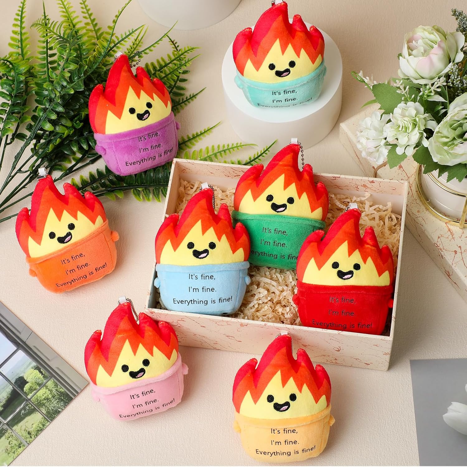 Soulchen 8 Pcs Mini Emotional Dumpster Plush Gift for Coworkers 4 Inch Funny Stuffed Dumpster Plush Keychains Everything's Fine Gift for Teacher Employee Worker Friends Office Desk Accessories