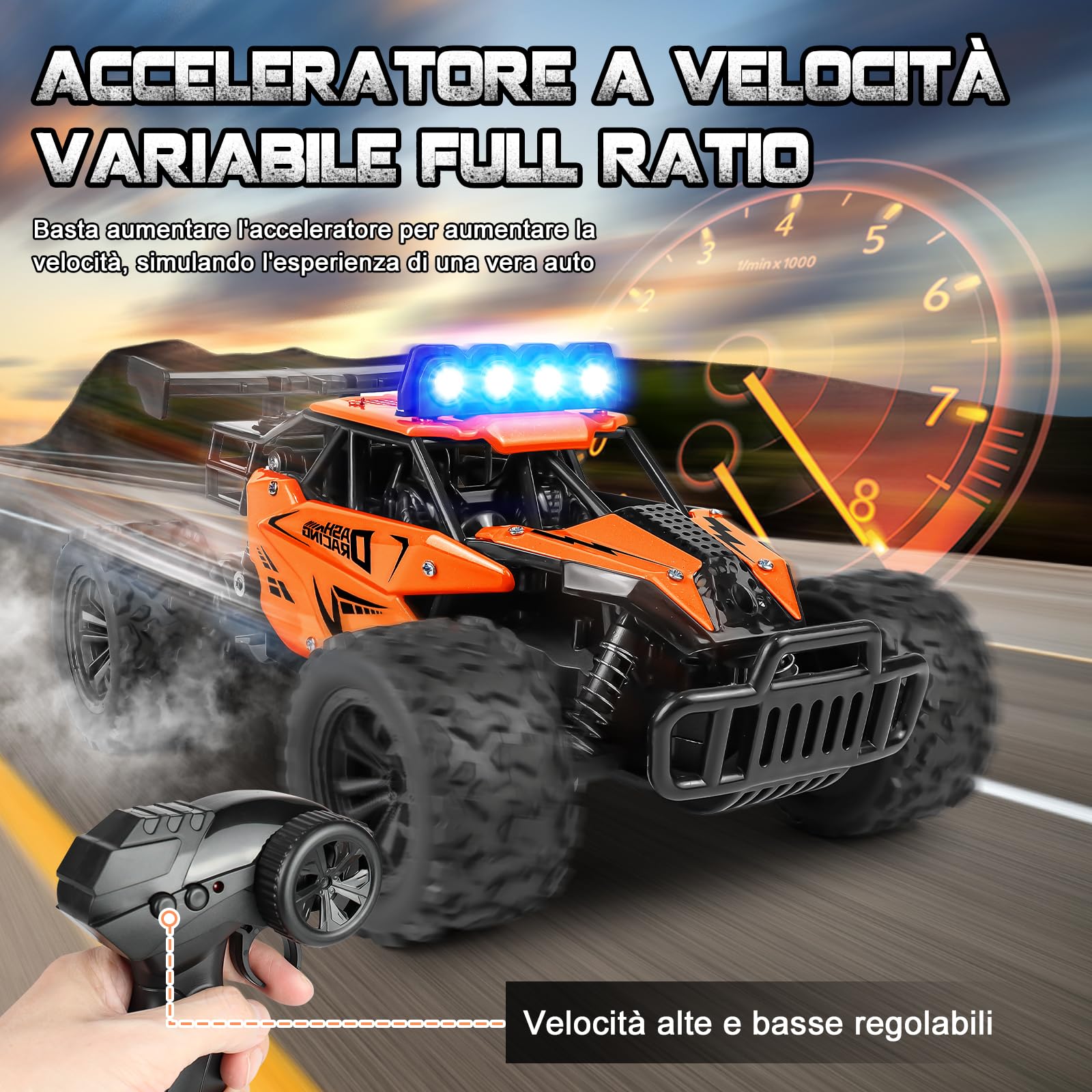 Joellfuner Macchina Telecomandata per Bambini, 2.4Ghz 1:16 Macchina Radiocomandata con Luce LED Quattro Colori, 20KM/H Monster Truck Telecomandato con marce alte e basse per bambini 3+ anni (Arancia)