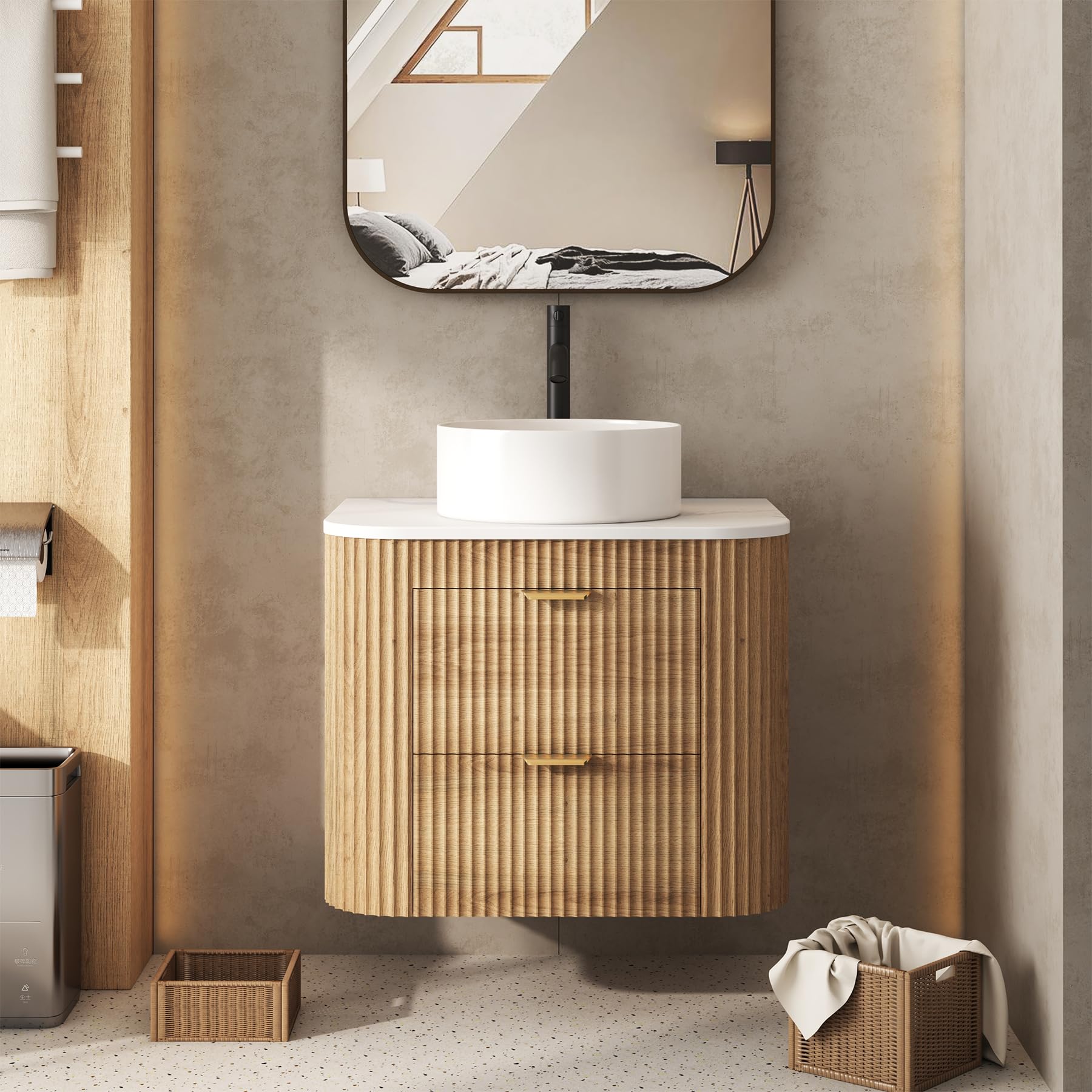 24 inch bathroom vanity with sink, floating vanity with ceramic sink combo, fluted bathroom vanity with 2 storage drawers, modern wall mounted cabinet, natural wood grain (does not come with sink)