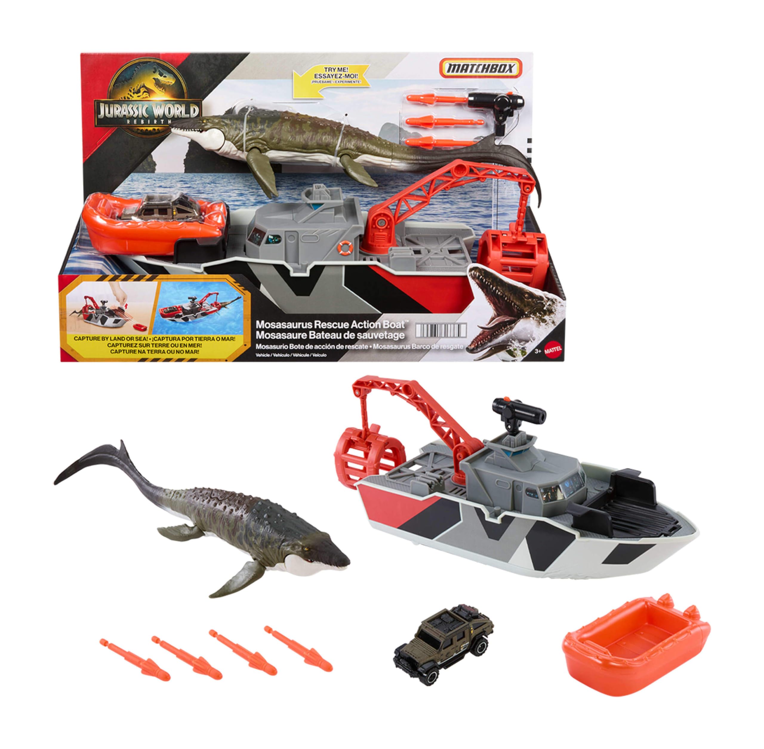 Mattel Jurassic World: Rebirth ​Matchbox Toy Car Playset, Jurassic World 12.5” Dino Boat with 13” Mosasaurus Dinosaur, 1:64 Die-Cast Jeep, Harpoon Missiles & Detachable Rescue Boat, JGG61