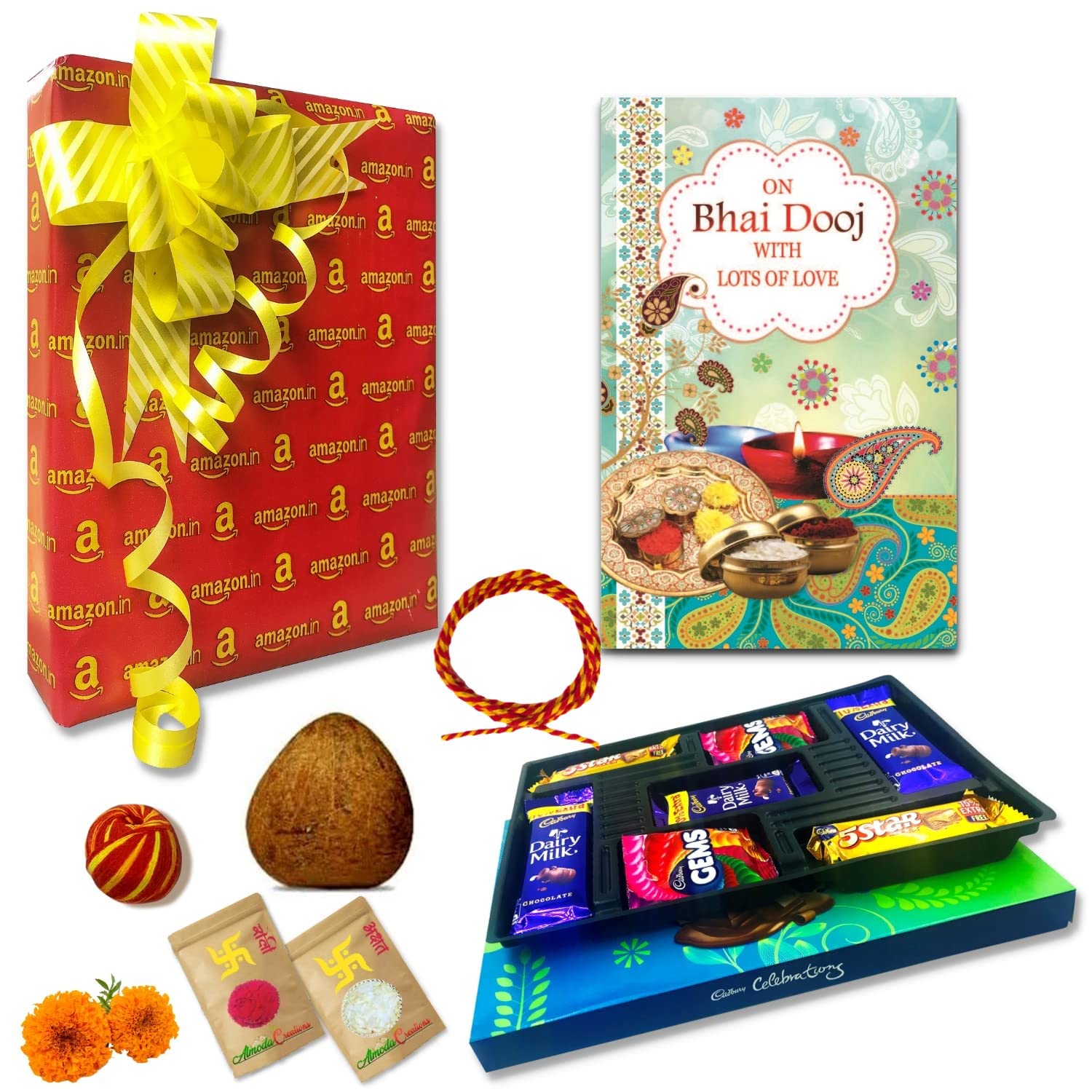 Almoda Creations Bhai Dooj Gift Set for Brother with Ethnic Rudrakash Bracelet, Dry Coconut, Cadbury Celebration Pack, Thread, Tilak Pouch & Gift Message & Wrapping