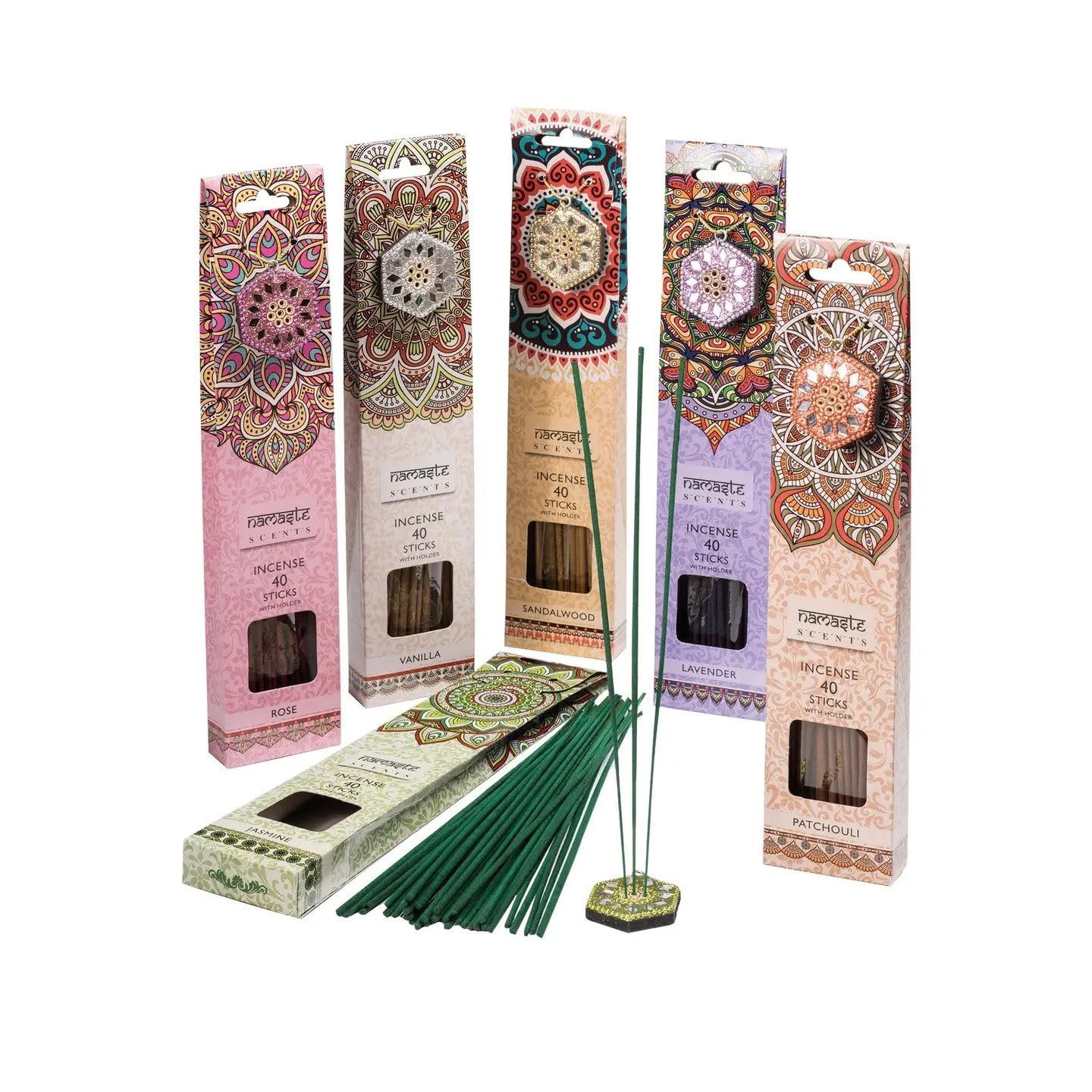 Set di bastoncini di incenso con supporto, 6 confezioni da 40 bastoncini, diversi profumi (rosa, gelsomino, sandalo, lavanda, patchouli, vaniglia), con supporto glitterato
