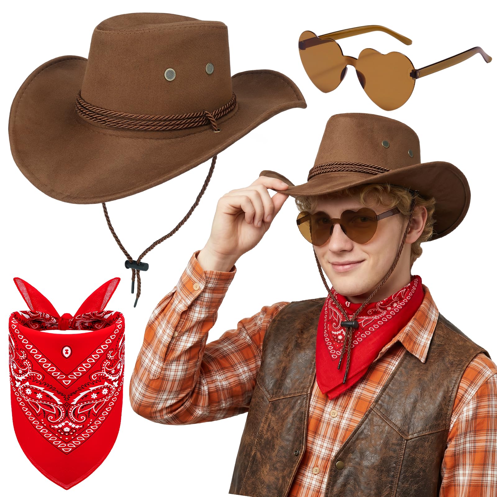 Lrrtdepy 3Pcs Unisex Cowboy Hat Set, Wild Western Accessories with Wide Brim Hat Bandana Heart Sunglasses Cowboy Fancy Dress for Hen Parties Halloween Cosplay Rodeo Party