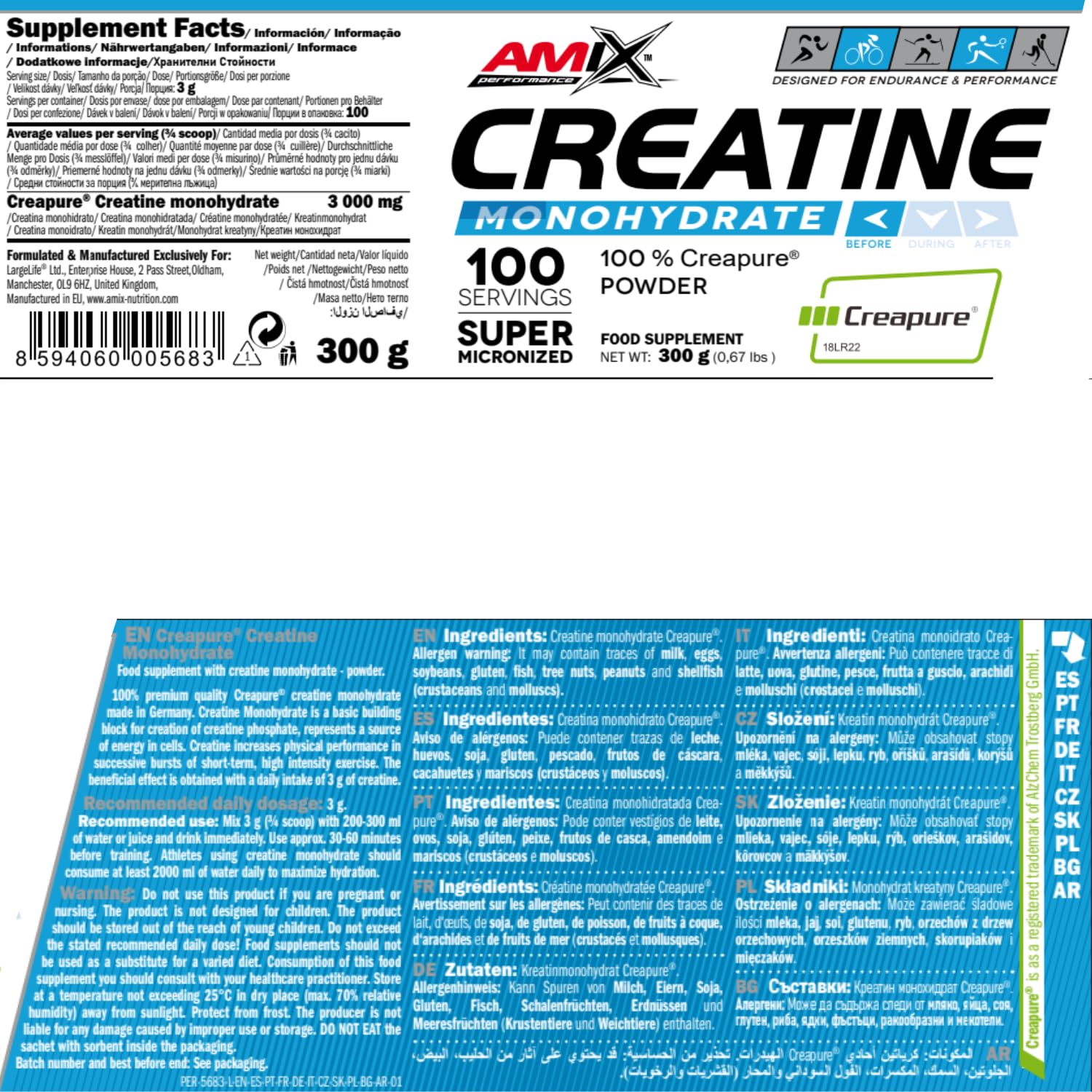 AMIX - Créatine monohydrate Creapure en pot de 300 g - Aide à augmenter les performances et la force - 100% Creapure - Complément alimentaire pour gagner en masse musculaire