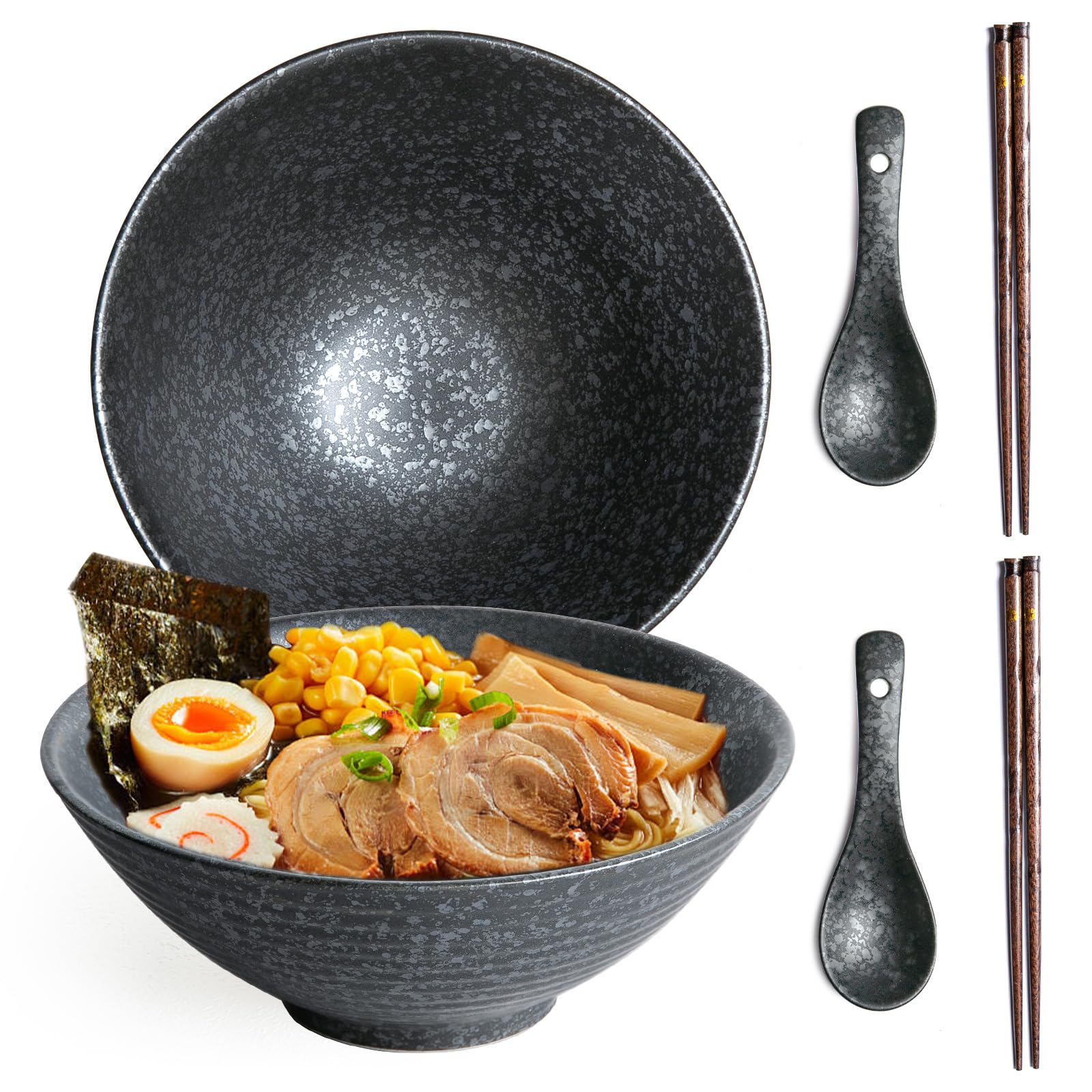 Lot de 2 bols à ramen en céramique de style japonais rétro pour 2 personnes, 1000 ml (noir, 2 pièces)