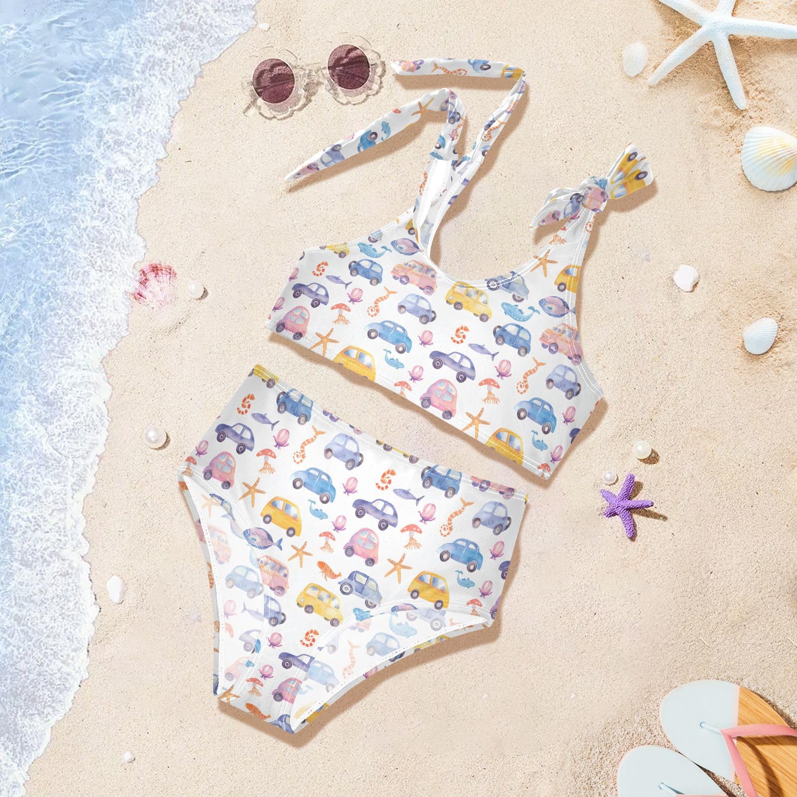 Watercolor Cars Girls 2-Piece Tankini Swimsuit, Girls Bikini Swimsuits Summer Beach Bathing Suit Set, 4T Multicoloured