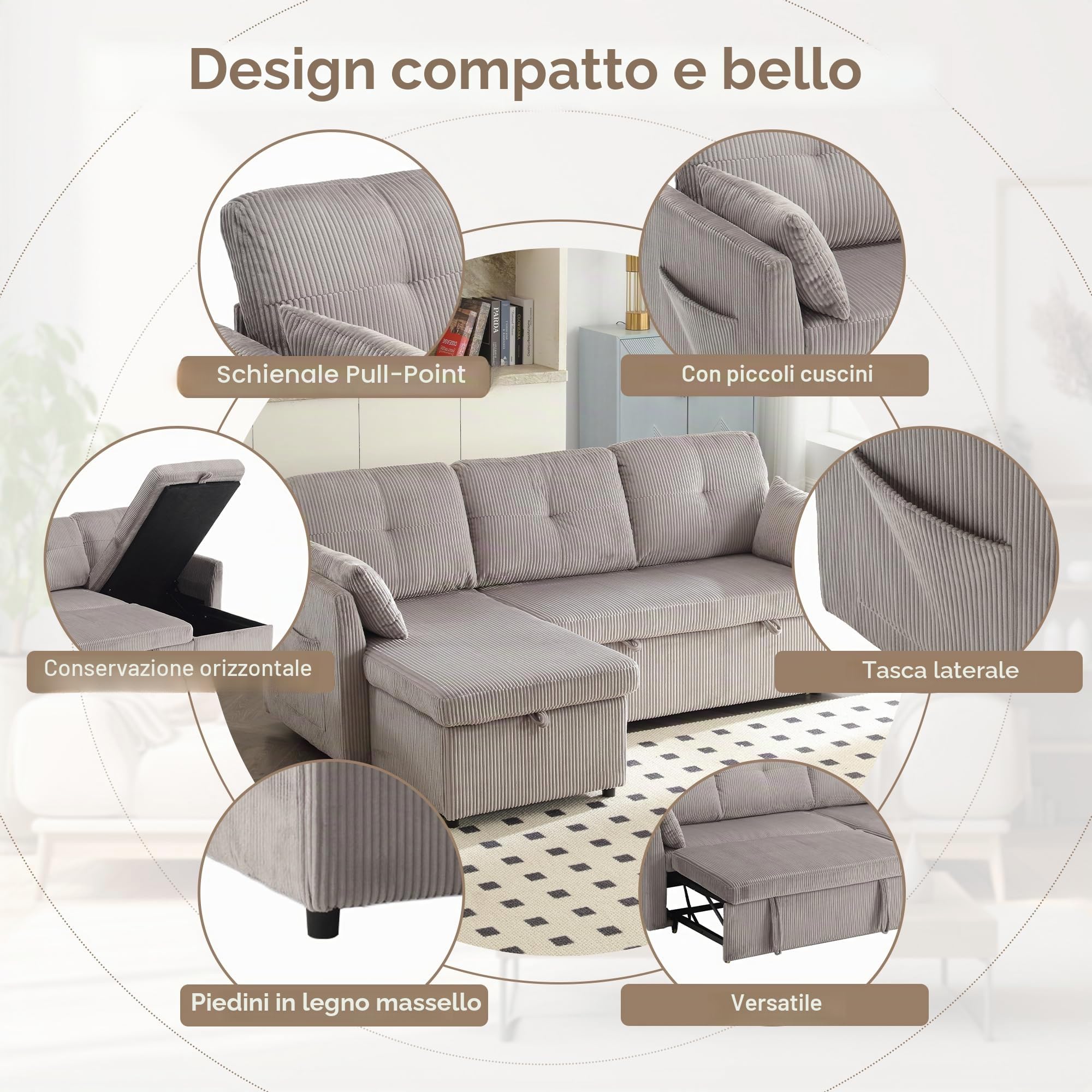 Divano Letto Multifunzionale Con Chaise Longue Sostituibile, Sedile Portaoggetti, Forma L, Ad Angolo per Soggiorno (Light Gray)