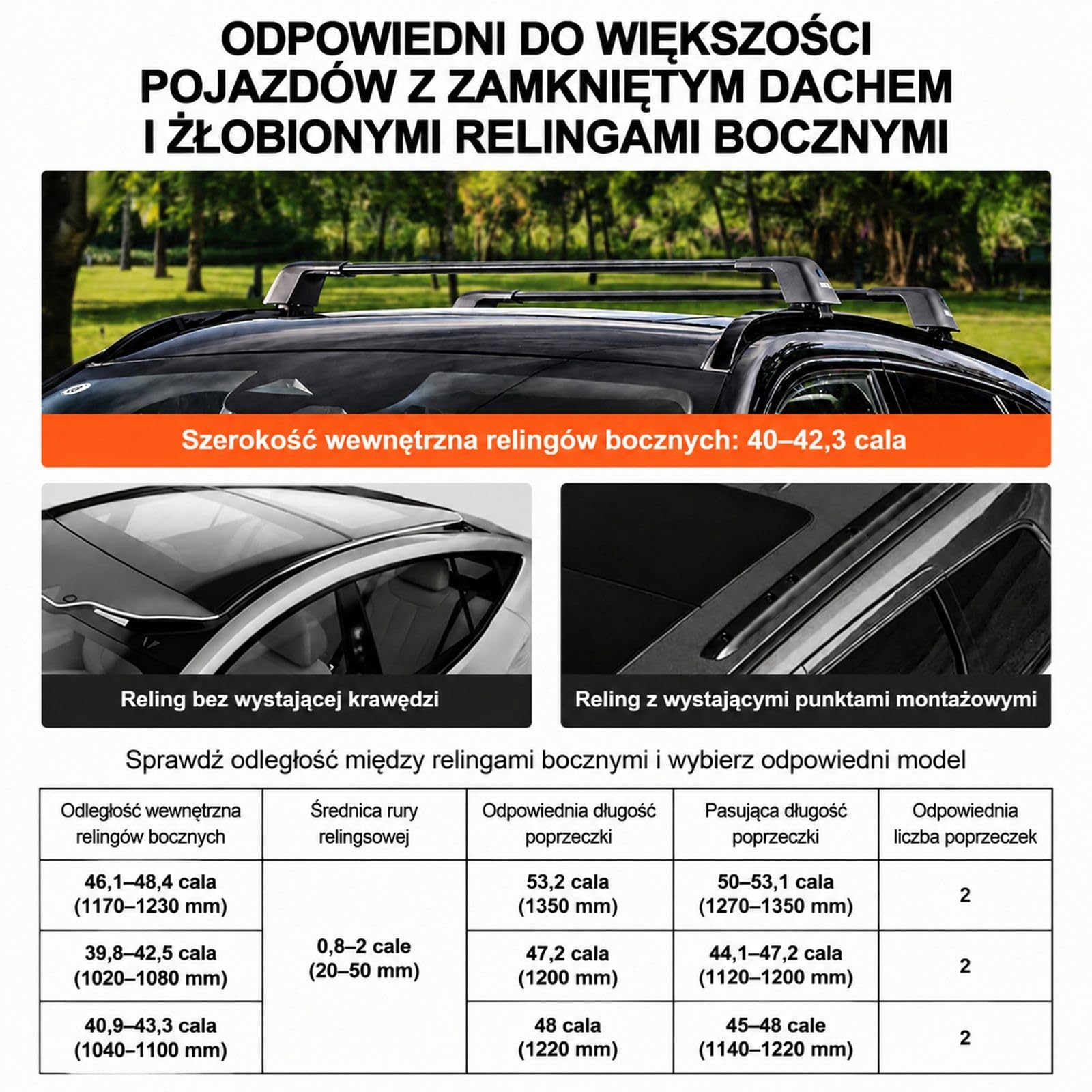 Uniwersalne aluminiowe belki dachowe, 2 sztuki, czarne, do aut z podniesionymi relingami i bagażem podróżnym