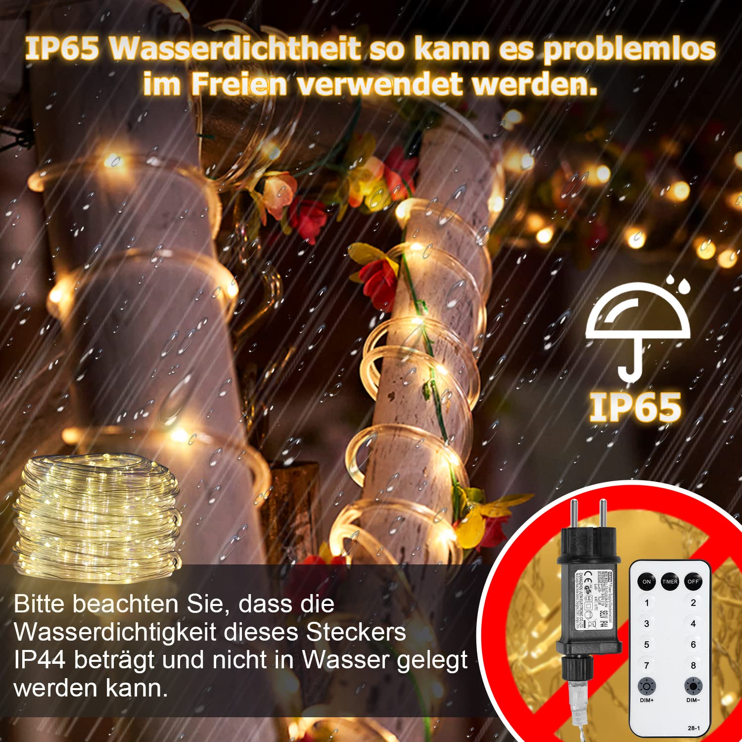 LED Lichterschlauch Außen, 30m 300 Lichtschlauch außen, IP65 Wasserdicht LED Schlauch, mit Timer & 8 Modi Lichtschlauch,für Außen Innen Party Hochzeit Weihnachten Dekolicht,Warm-weiß