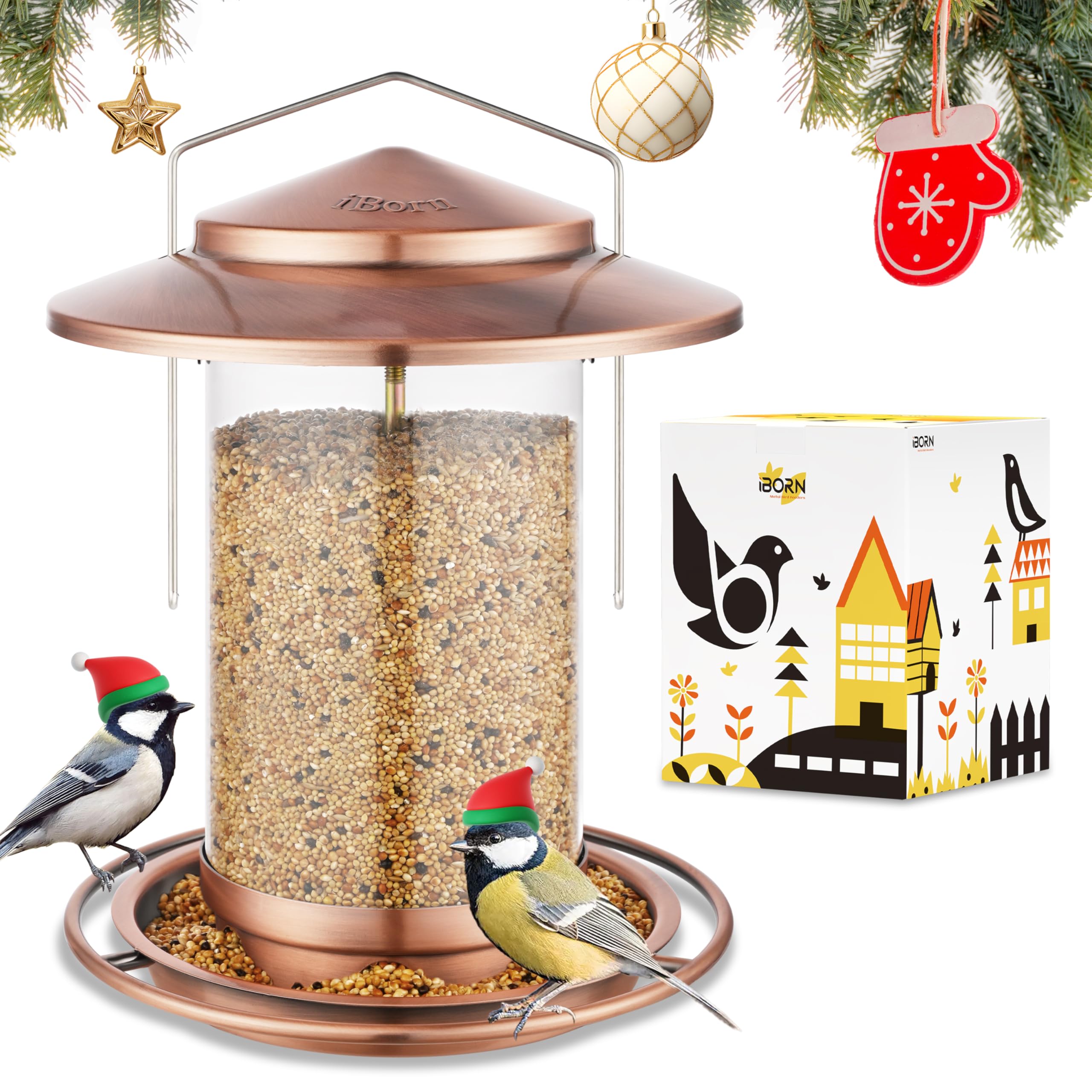 iBorn Bird Feeders for Outdoors Hanging,Metal Bird Feeders for Cardinal Chew Proof 18cm Large Roof&Tray Birdfeeders Outside Hanging,Brushed Copper 6 Port (Seed is not Included)