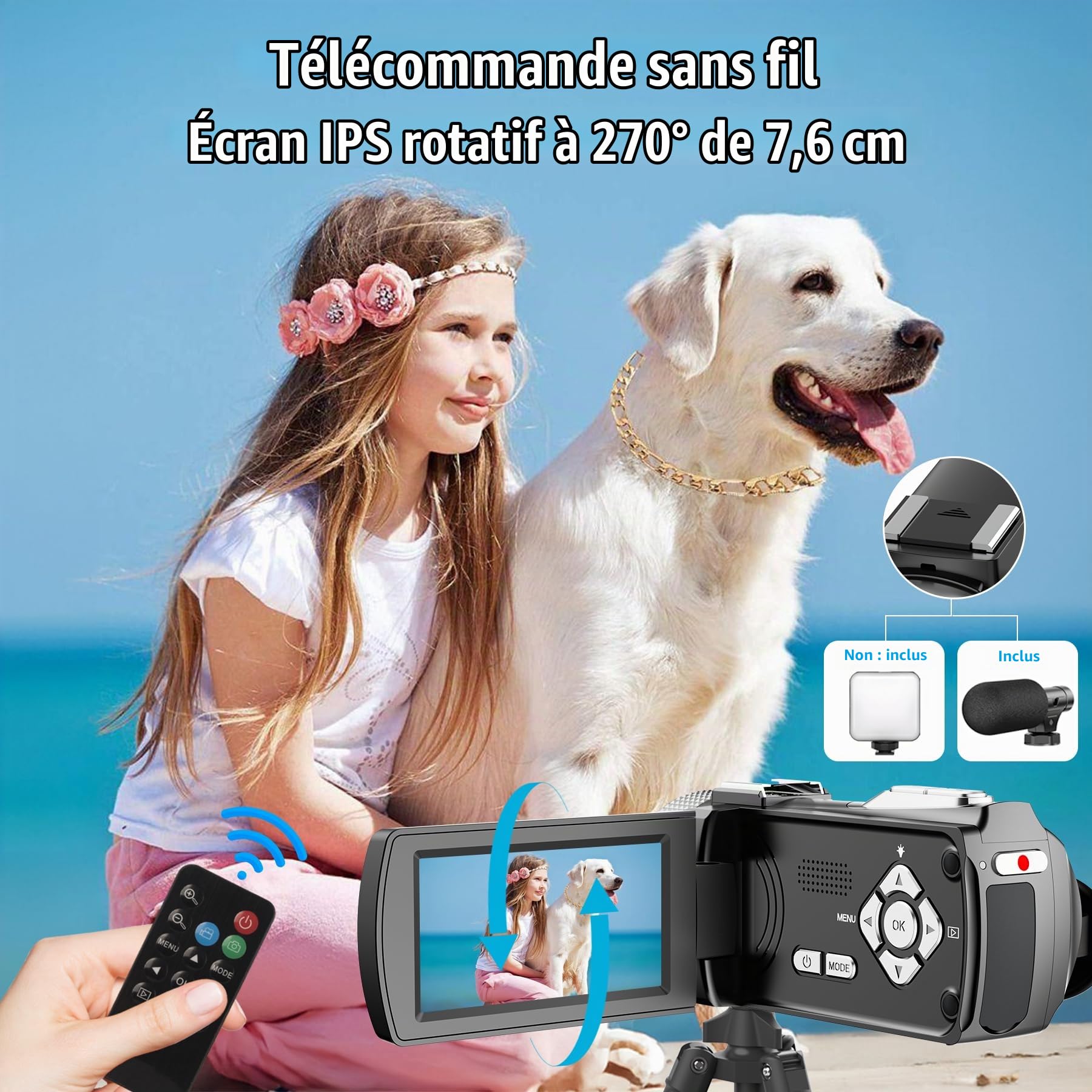 Caméscope vidéo 4K, caméscope 48MP avec écran IPS de 7,6 cm pivotant à 270°, microphone sans fil & microphone filaire, 2 batteries rechargeables, télécommande, caméscope pour le vlogging, les voyages