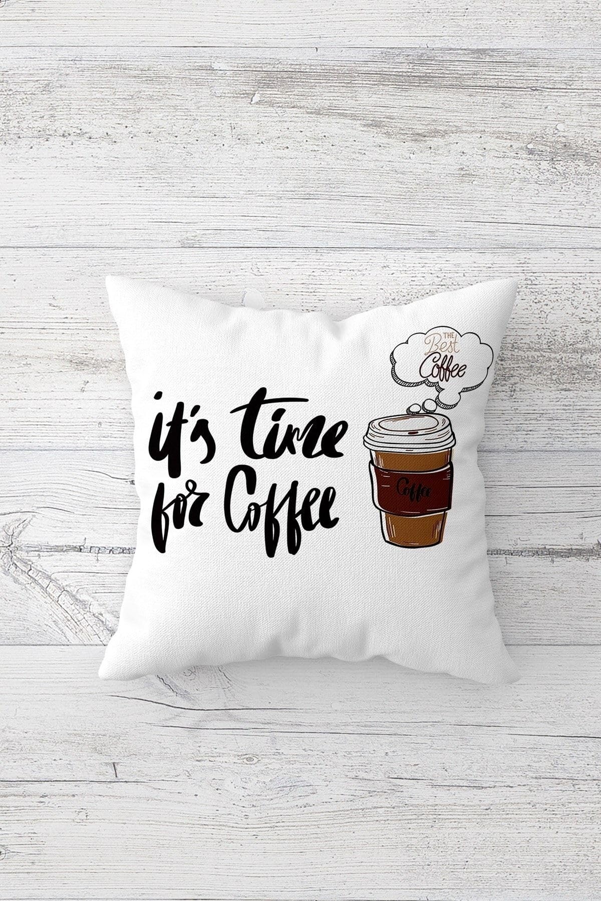 Pelangi Line Art Hello Weekend Coffee Time Gizli Fermuarlı Kırlent Kılıfı Koltuk Yastık Kılıfı Takım(4adet), Beyaz-Siyah-Kahverengi 45 x 45