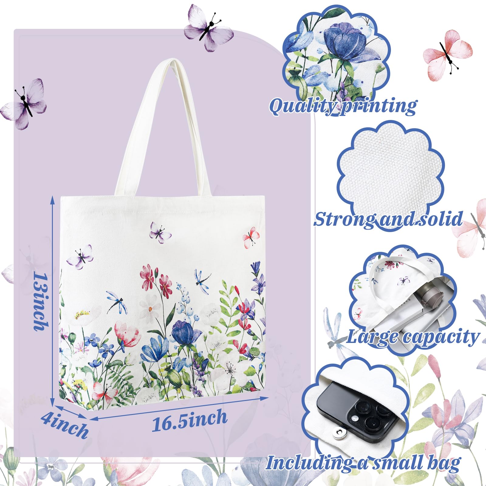 Bencailor 6 Pcs Floral Canvas Tote Bags Bulk Summer Flower Tote Gift Bags Reusable Aesthetic Wildflowers Shopping Grocery Handbags for Women Gifts