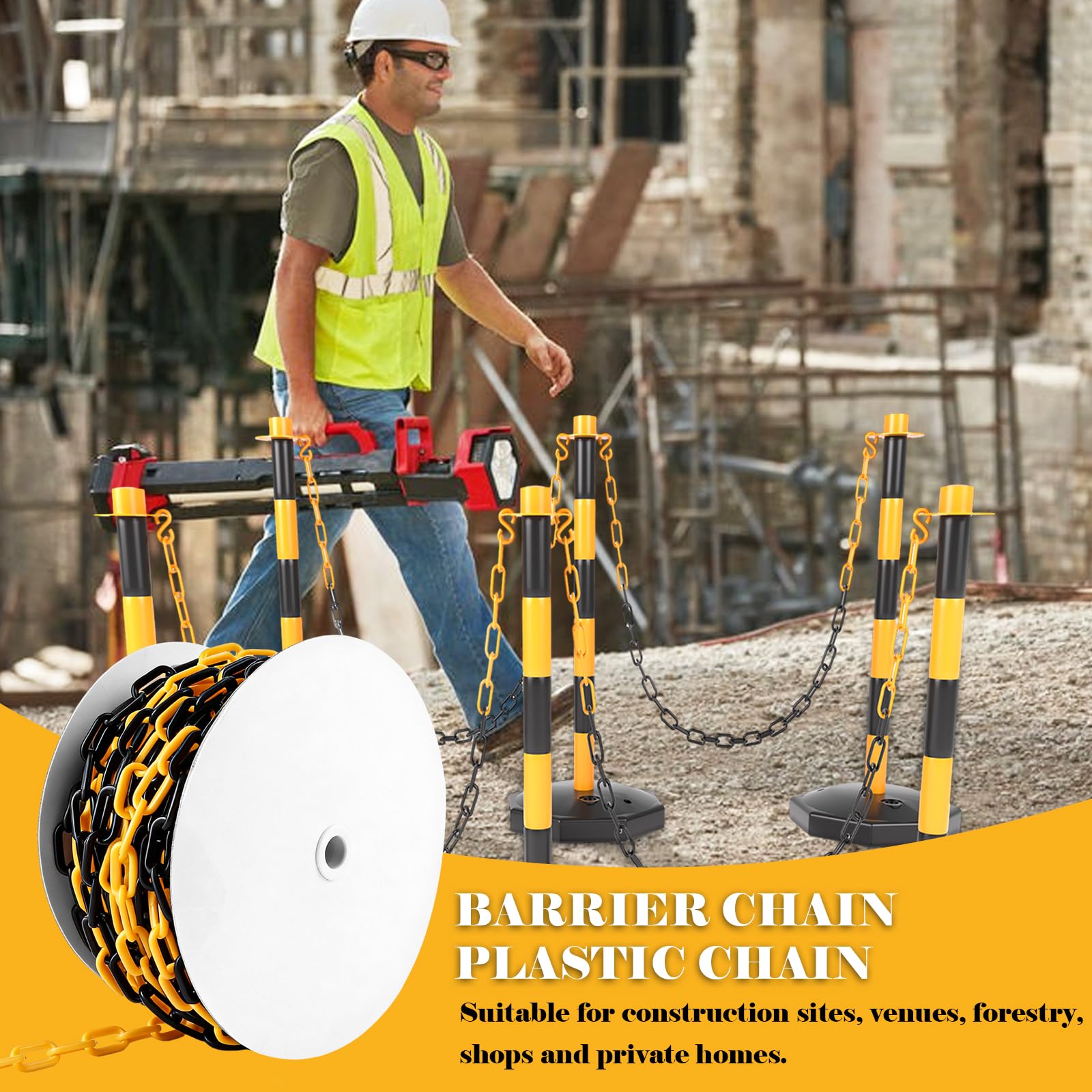 APACALI Chaîne de barrière de 25 m - En plastique noir et jaune - 8 mm d'épaisseur - Chaîne en plastique pour bloquer les surfaces - Bien visible, stable et maniable