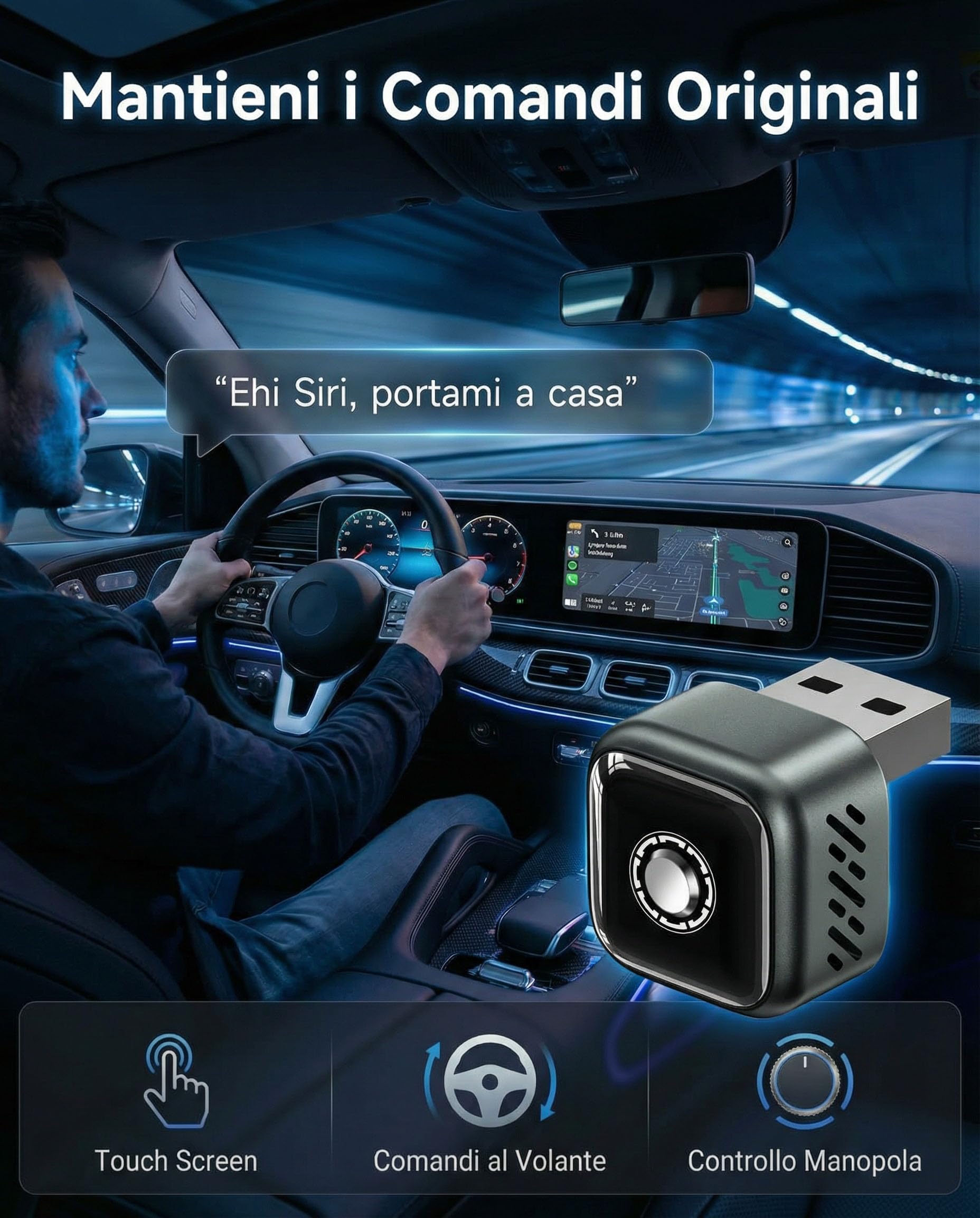 NUOVO 2026 Adattatore CarPlay Wireless & Android Auto 2-in-1, Dongle Mini Wi-Fi 5.8GHz, Corpo in Metallo Dissipante, Funzione One-Click opzionale, Adattatore USB-C Incluso