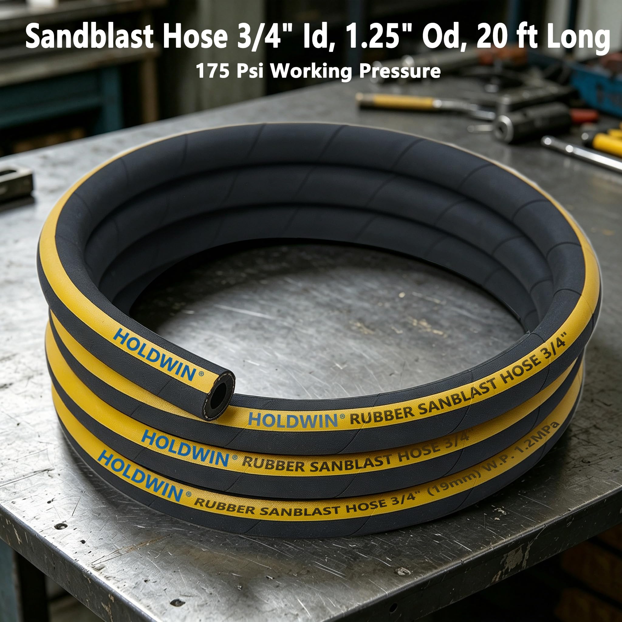 Tuyau de sablage HOLDWIN 3/4" ID 1,25" DE, 6,1 m de long, tuyau de sablage en caoutchouc résistant pour pistolet à sablage, armoire de sablage