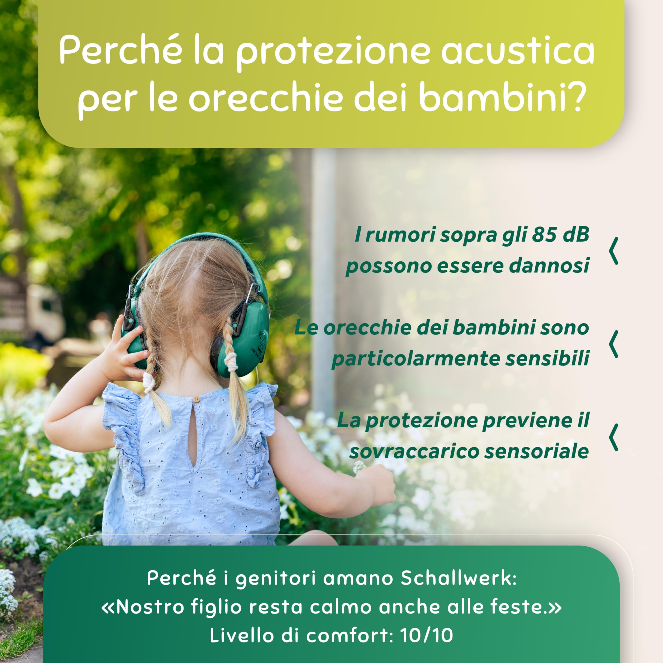Schallwerk ® Paraorecchie per bambini (Jungle Green) | Protezione dell'udito per bambini – Cuffie di alta qualità – Paraorecchie ideali per tutti i giorni ed eventi