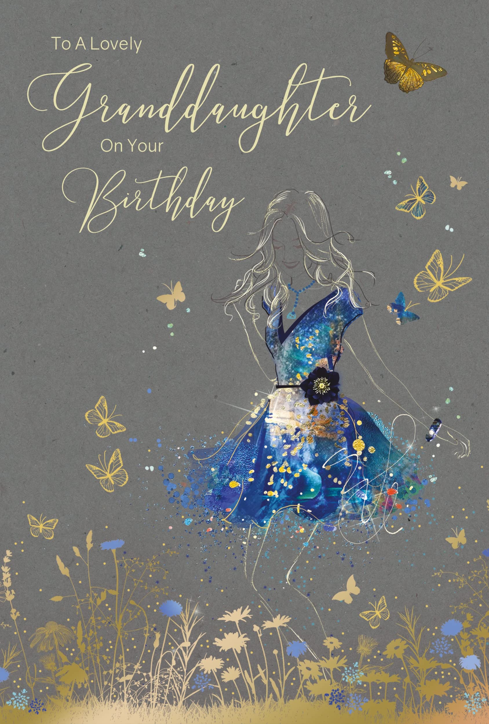 Cherry Orchard Granddaughter Birthday Card - To A Lovely Granddaugther On Your Birthday - Artistic Lady In Gorgeous Blue Floral Dress - Flitter & Gold Foil Finish - For Her