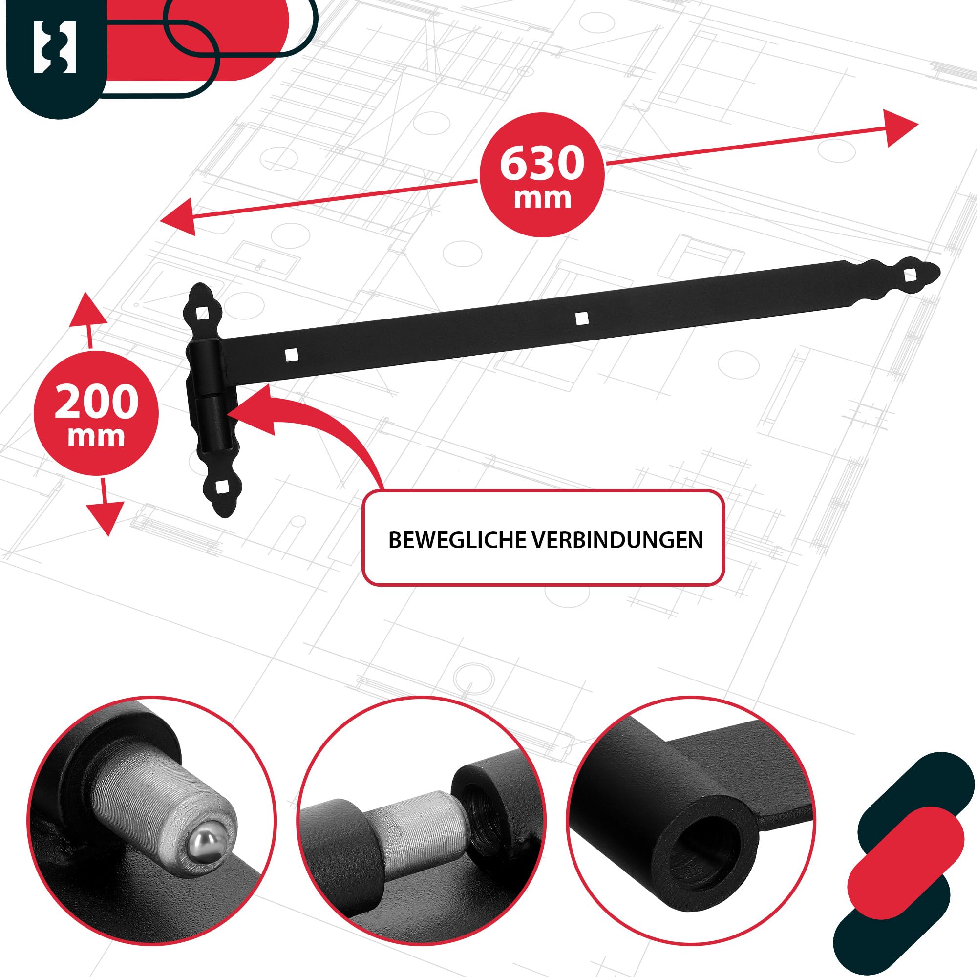 KOTARBAU® Nastro Per La Ricarica Con Ganci, 600 Mm, In Acciaio Verniciato A Polvere, Con Cuscinetti A Sfera, Cerniera Nera Sinistra E Destra, Per Porta In Legno - Foto 4
