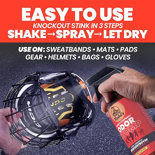 Miniatura 4 de Uncle Todd's Odor Stomp Sports Equipment Eliminador de olores en espray  Desodorizador de enzimas extra fuerte para fútbol, hockey, bolsas de