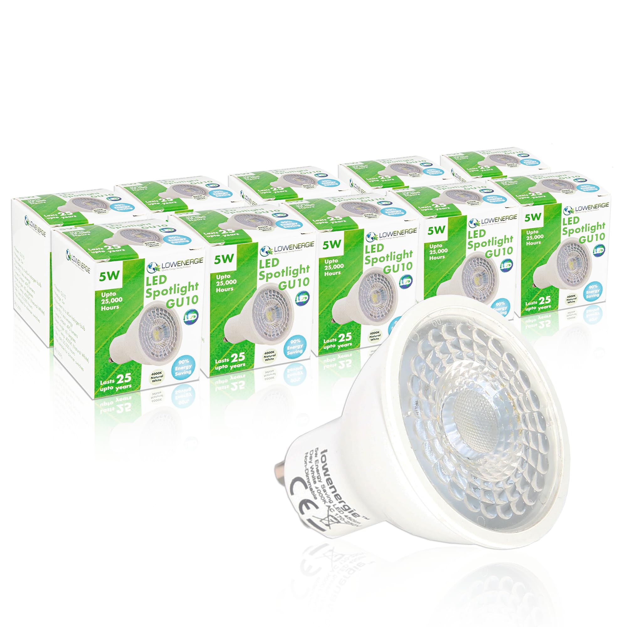 LOWENERGIE 5W GU10 LED Spotlight Bulbs – Pack of 10 Natural White 4000K Downlights [Energy Class F]